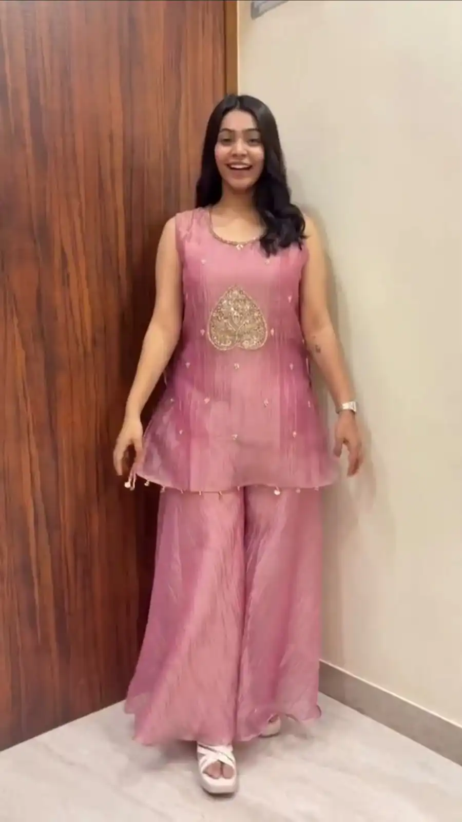 Shiny Pink Salsa Silk Embroidery Hand Work Salwar Suit - Image 2
