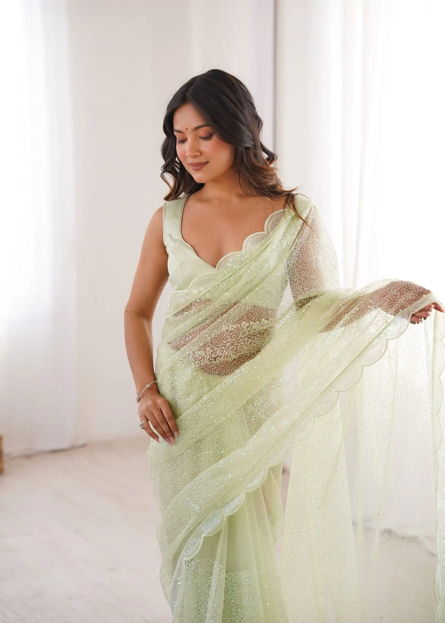 Shiny Pista Soft Net Sequins Work Saree - Image 6