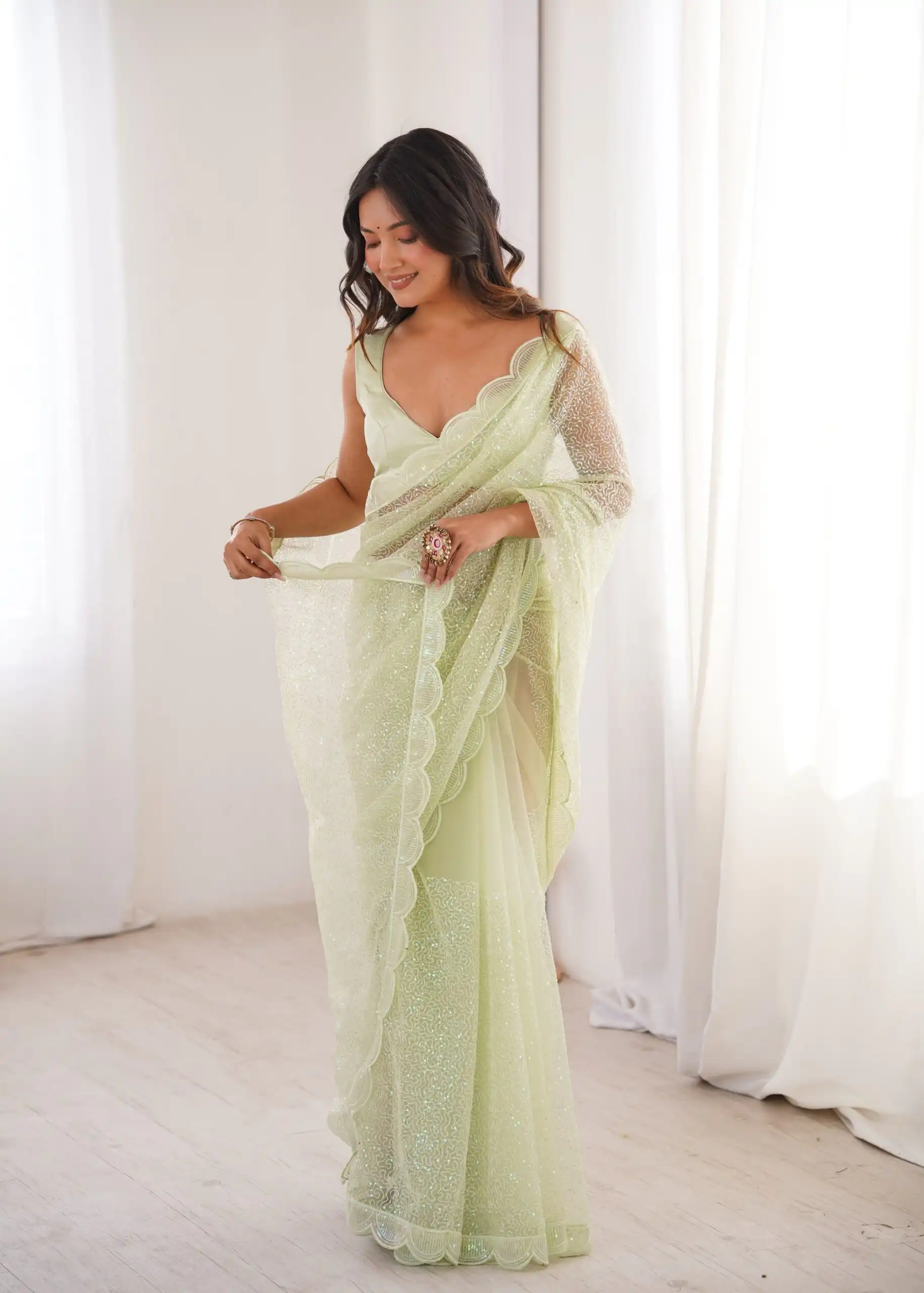 Shiny Pista Soft Net Sequins Work Saree - Image 2
