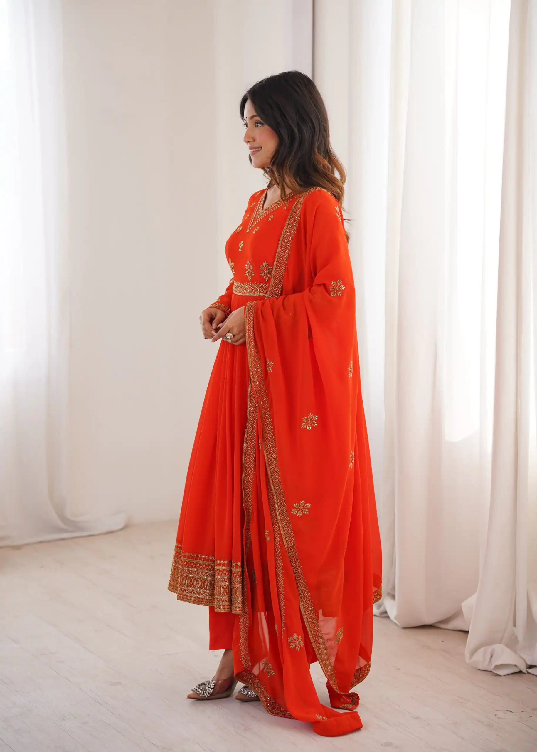 Shiny Red Faux Georgette Sequence Work Anarkali Suit - Image 8