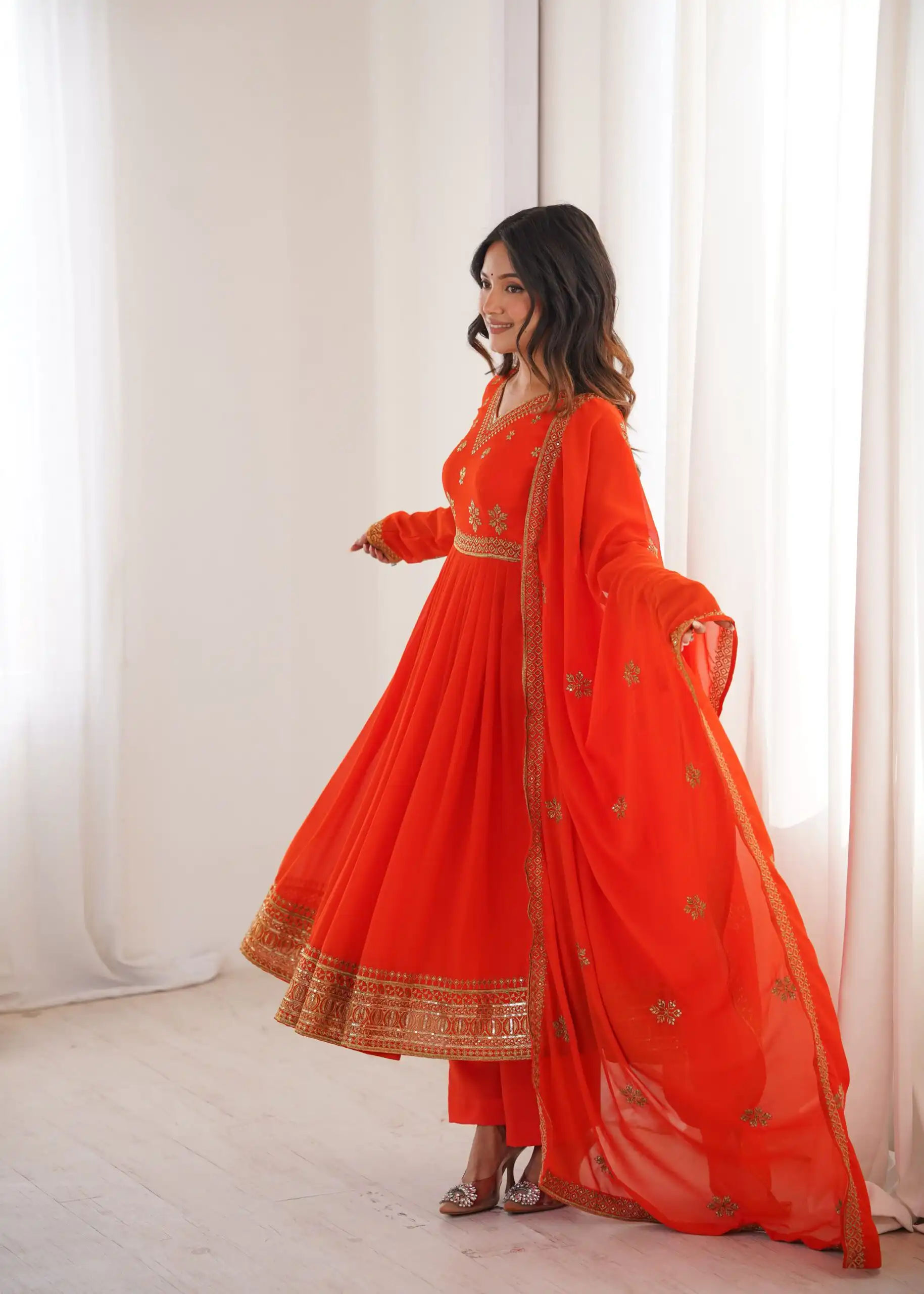 Shiny Red Faux Georgette Sequence Work Anarkali Suit - Image 5