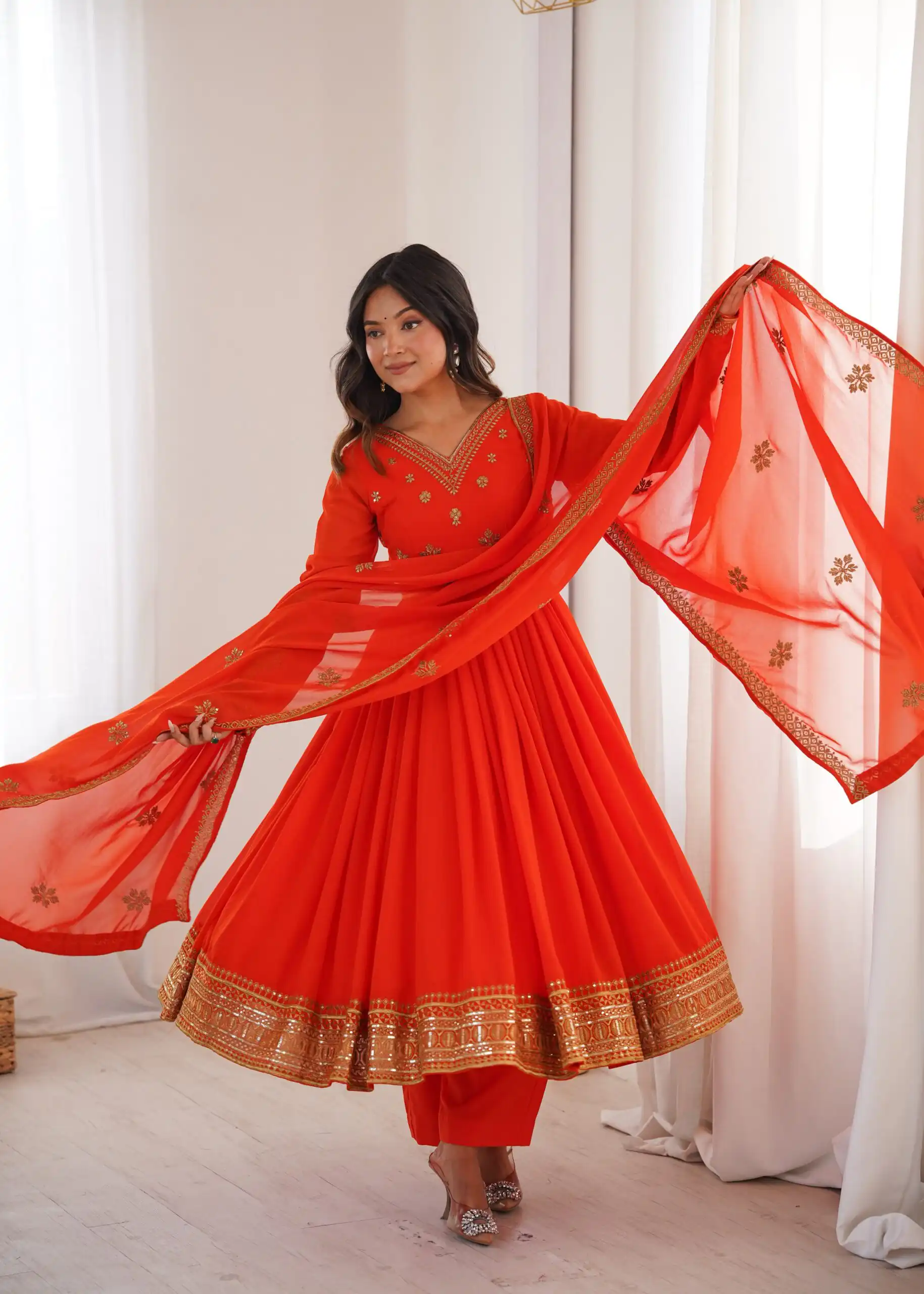 Shiny Red Faux Georgette Sequence Work Anarkali Suit - Image 4
