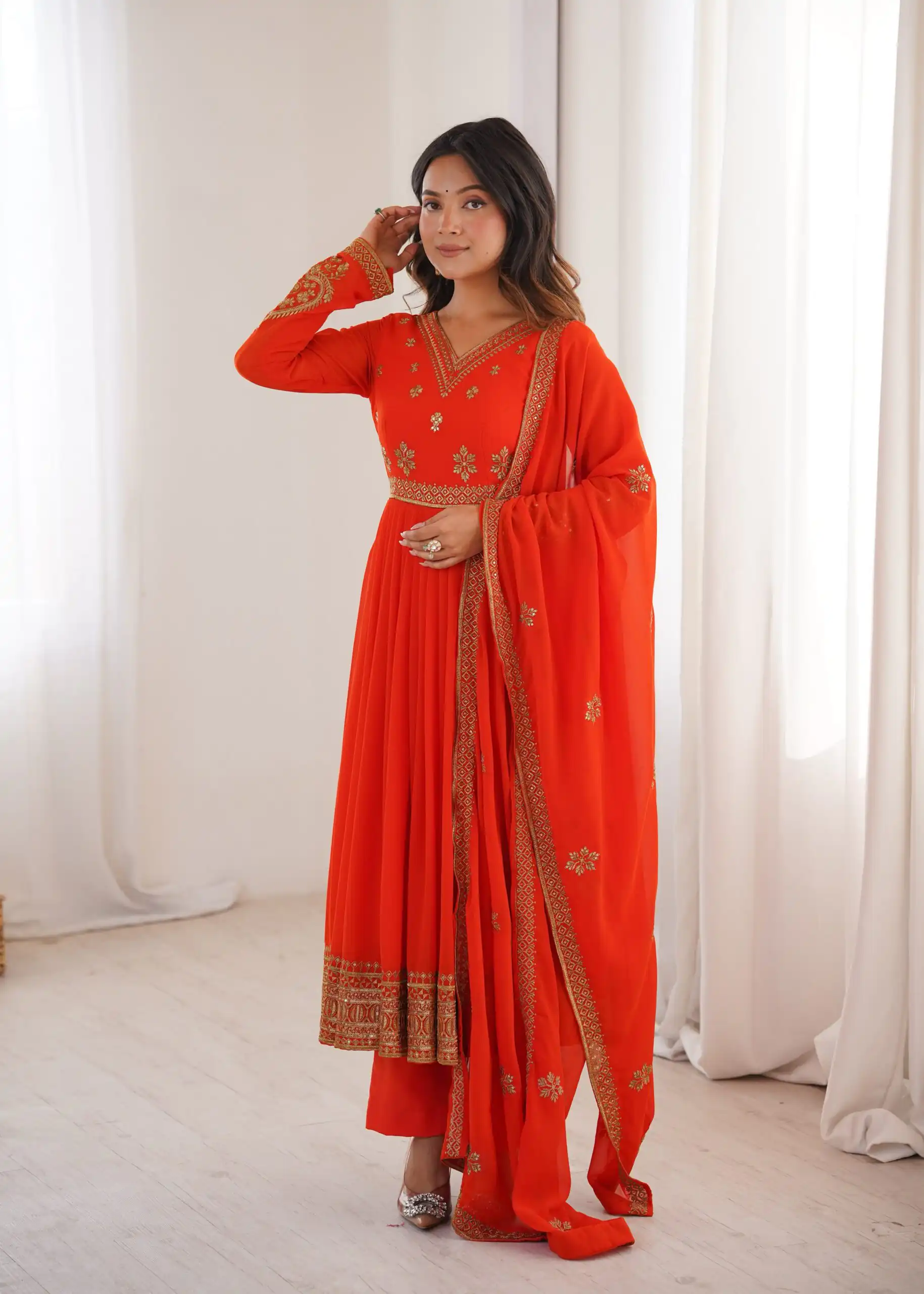 Shiny Red Faux Georgette Sequence Work Anarkali Suit