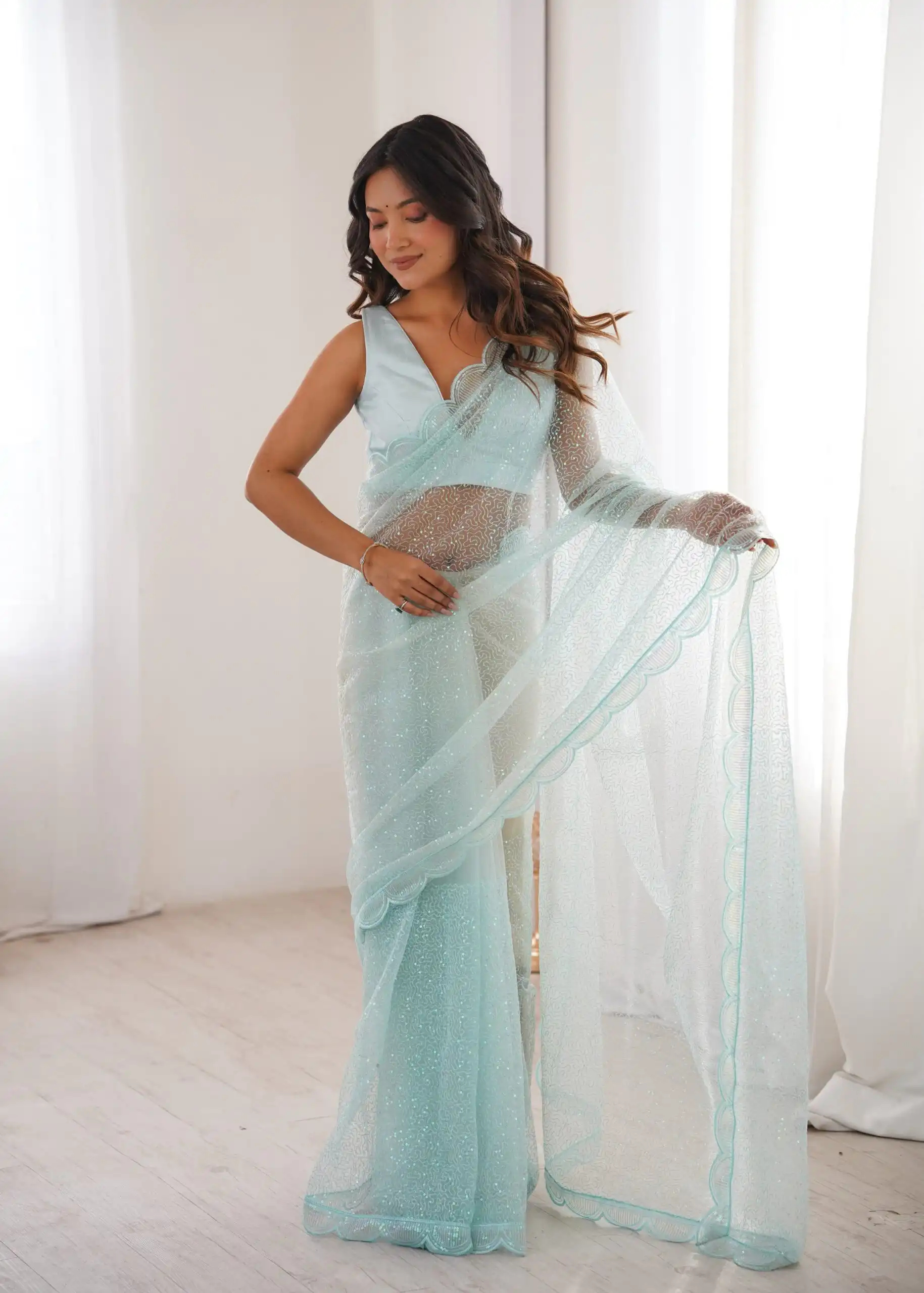 Shiny Sky Blue Soft Net Sequins Work Saree - Image 7