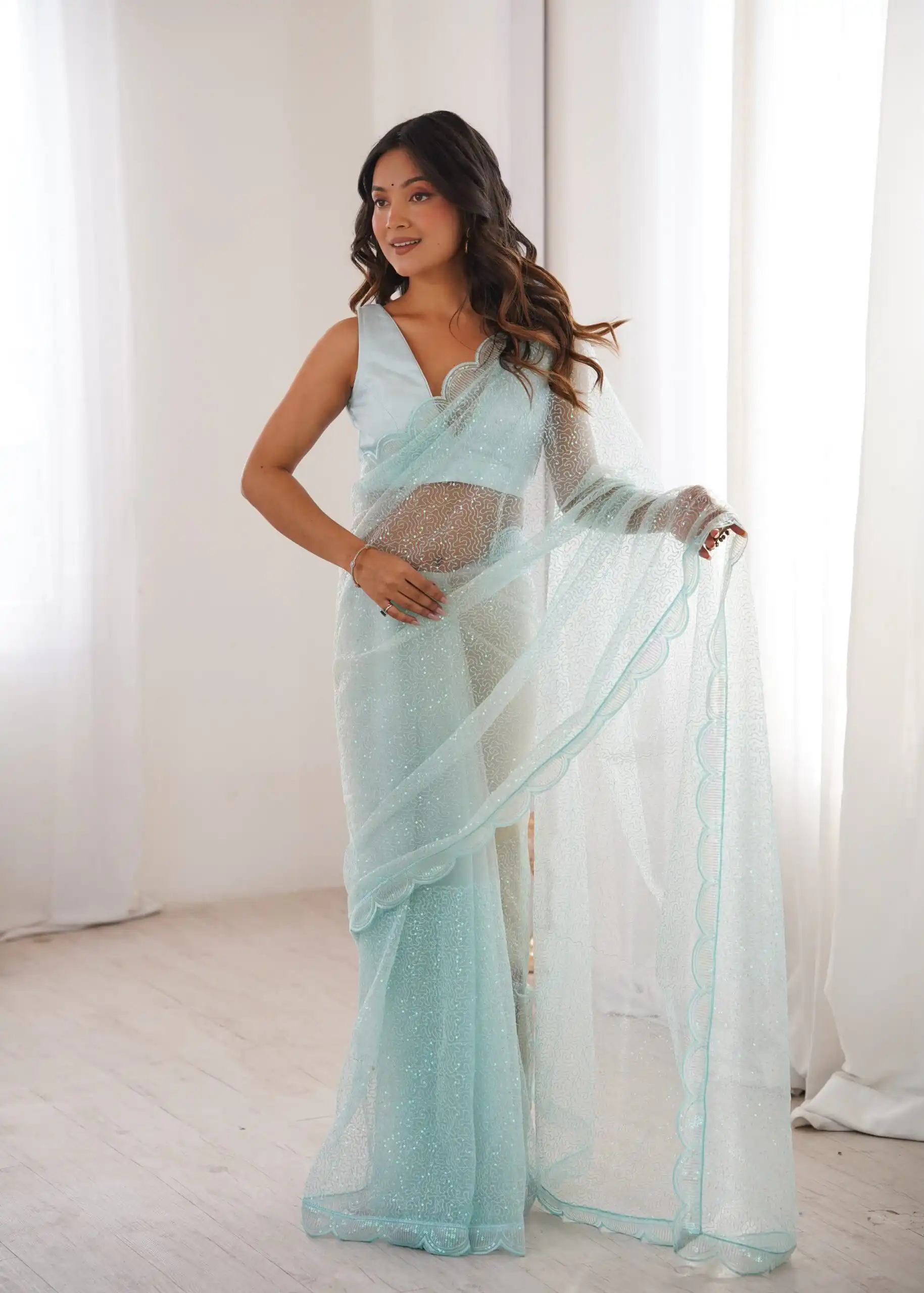 Shiny Sky Blue Soft Net Sequins Work Saree - Image 2