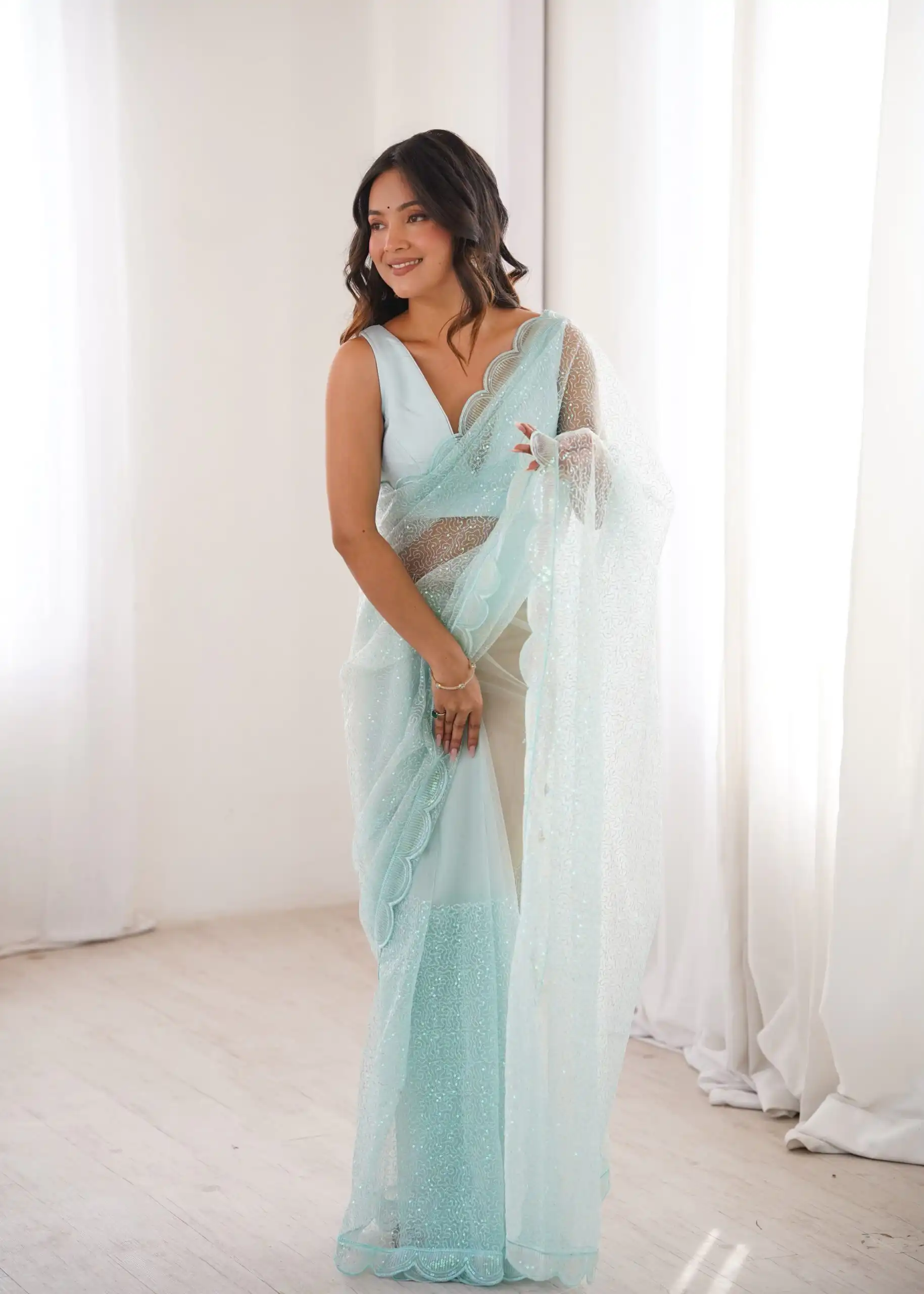 Shiny Sky Blue Soft Net Sequins Work Saree