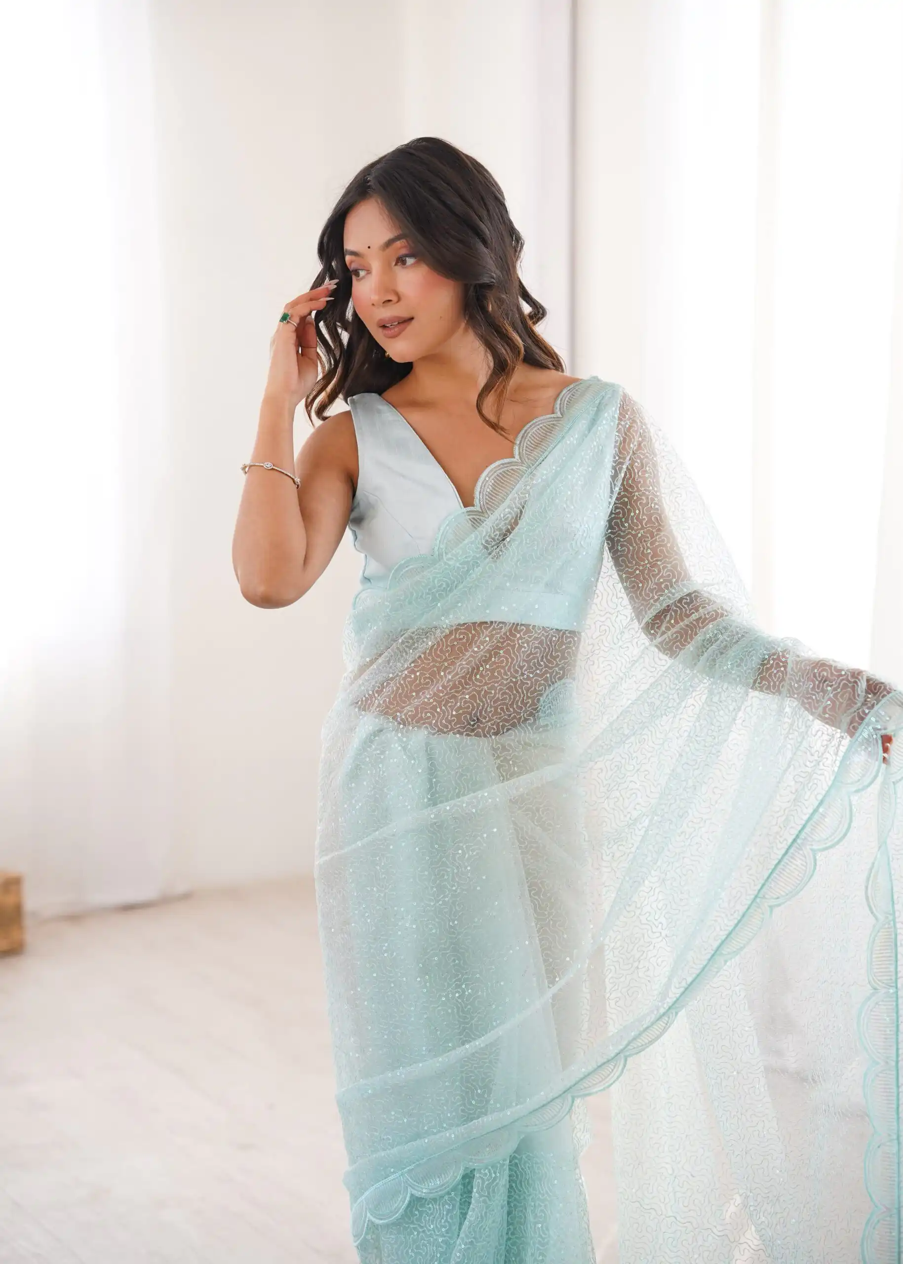 Shiny Sky Blue Soft Net Sequins Work Saree - Image 8