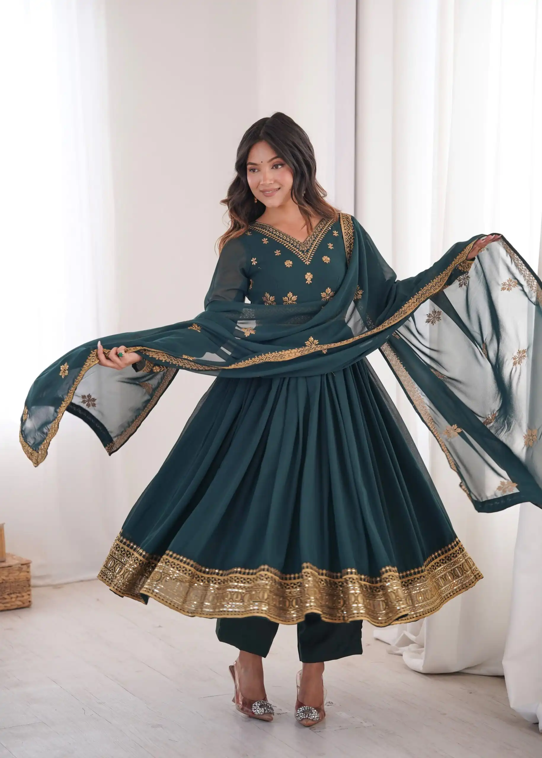 Shiny Teal Faux Georgette Sequence Work Anarkali Suit - Image 2