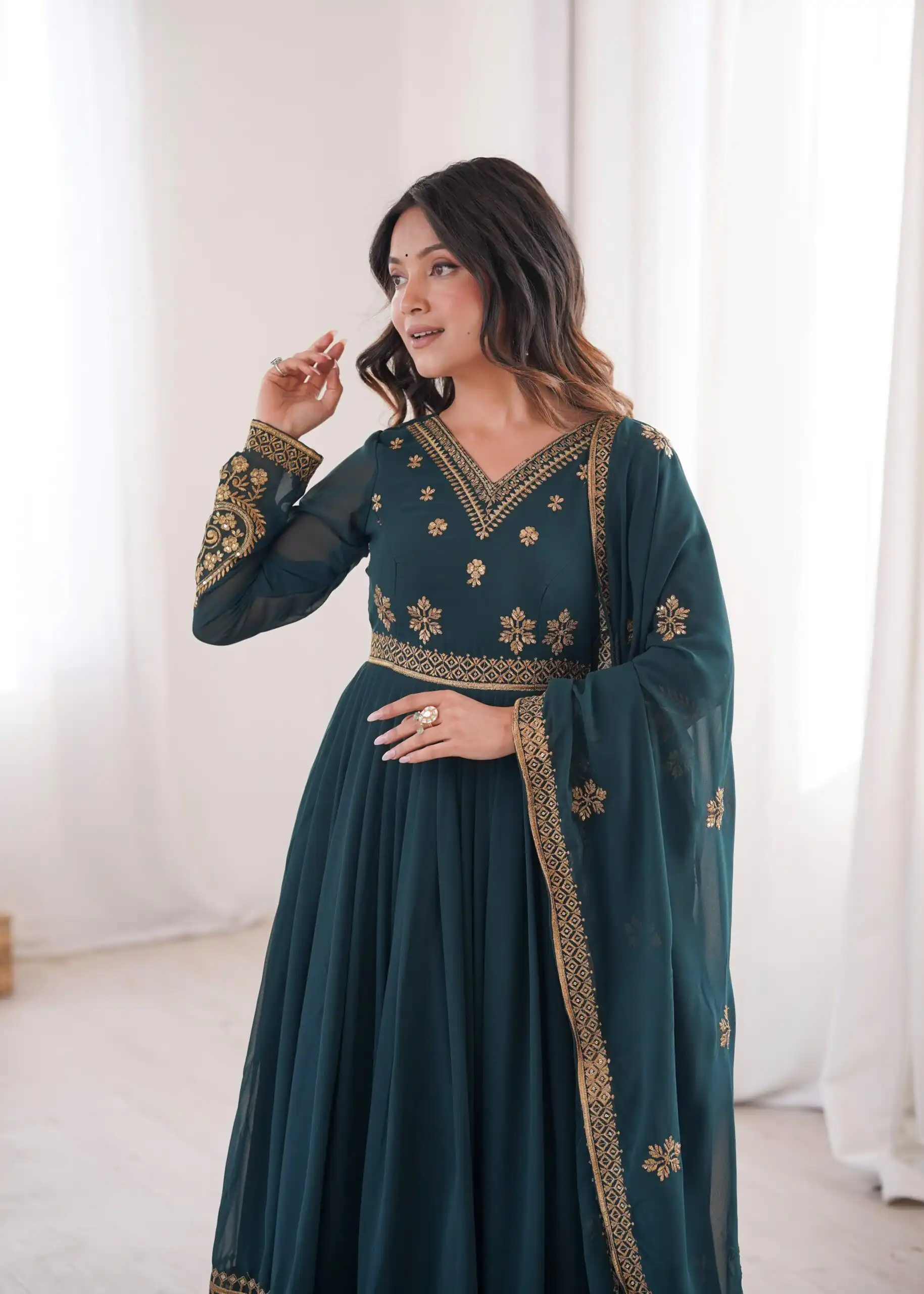 Shiny Teal Faux Georgette Sequence Work Anarkali Suit - Image 9