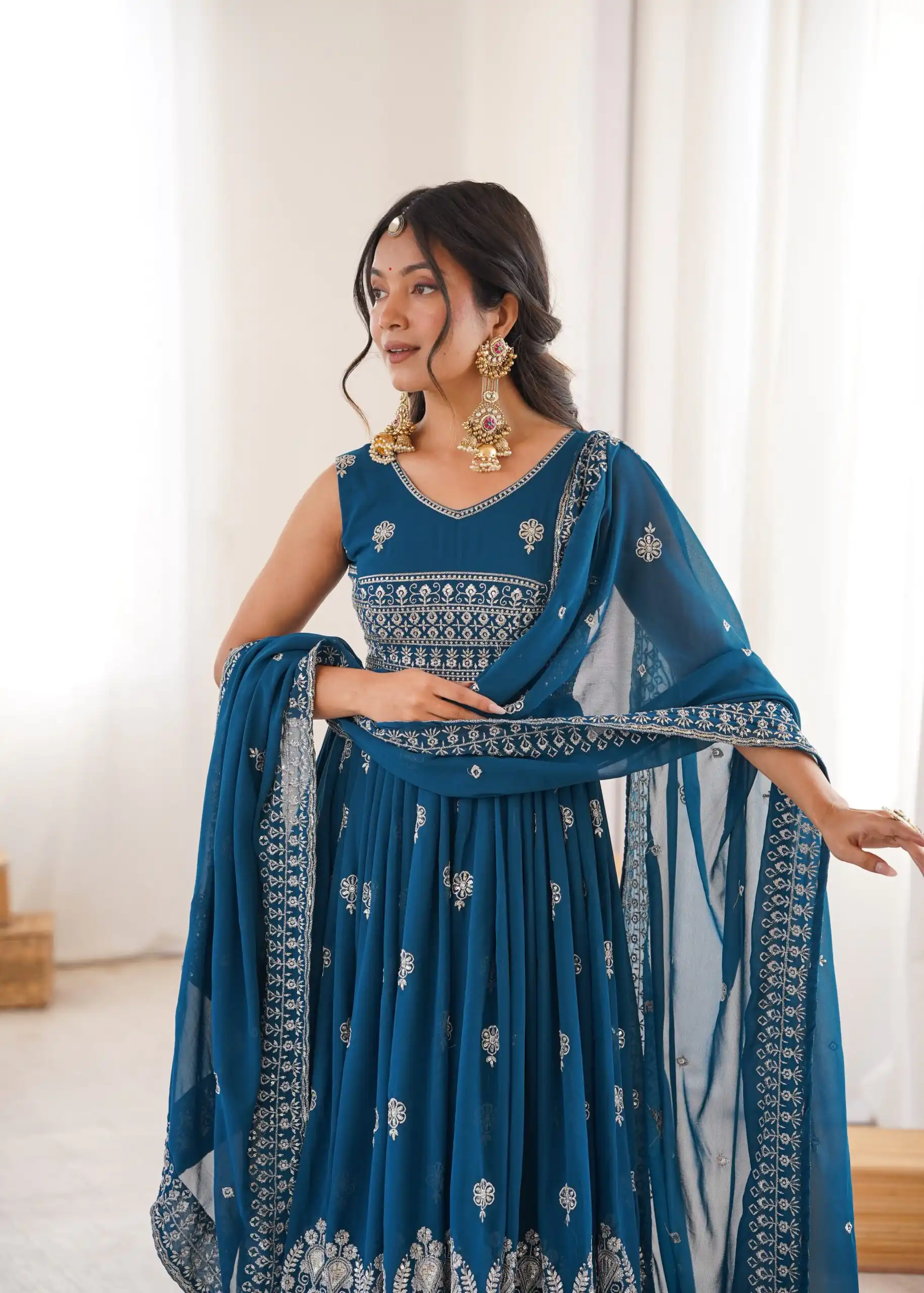 Shiny Teal Faux Georgette Sequence Work Anarkali Suit - Image 8
