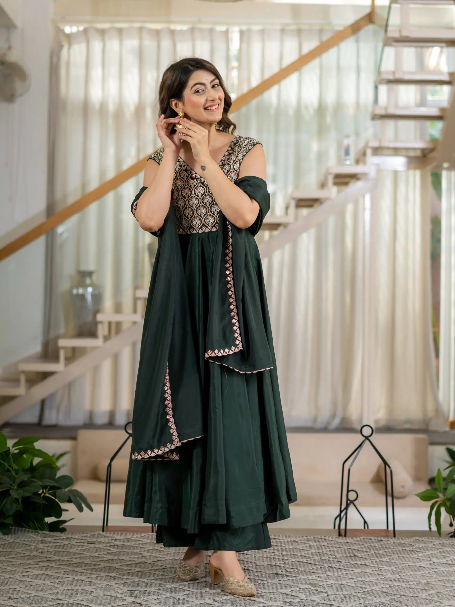 Shiny Teal Neutral Crepe Silk Embroider Work Salwar Suit - Image 3
