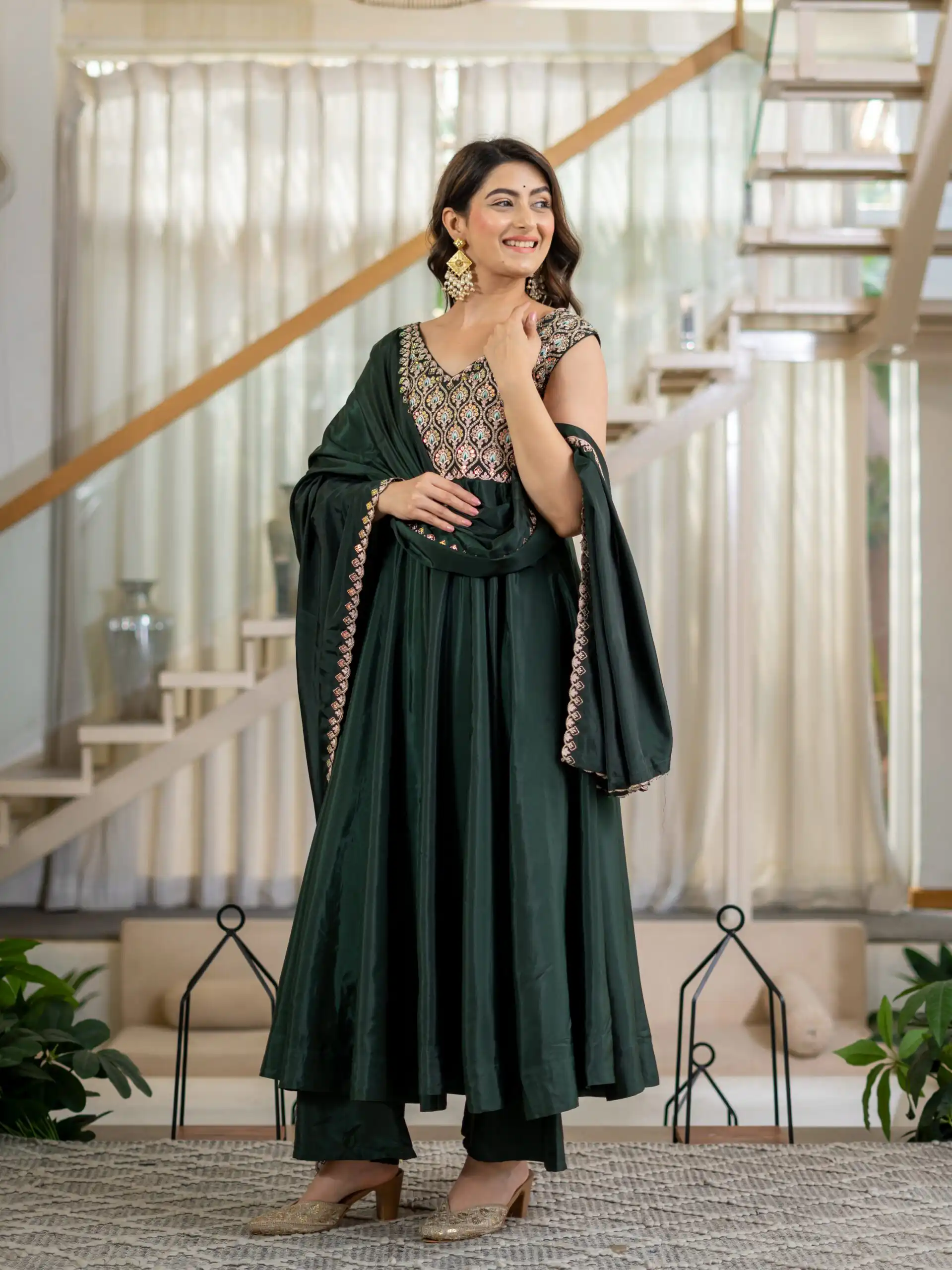 Shiny Teal Neutral Crepe Silk Embroider Work Salwar Suit - Image 2