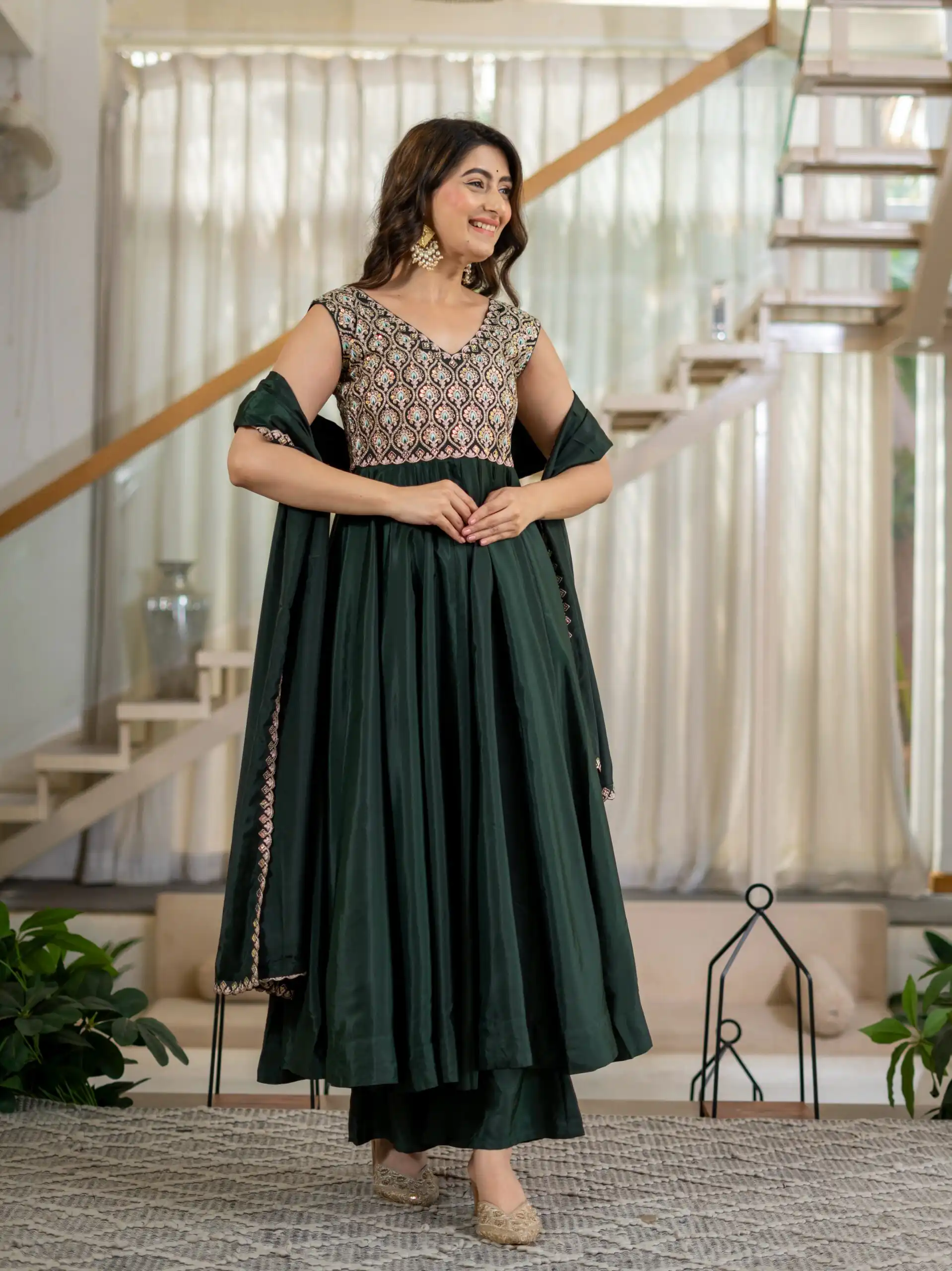 Shiny Teal Neutral Crepe Silk Embroider Work Salwar Suit - Image 7