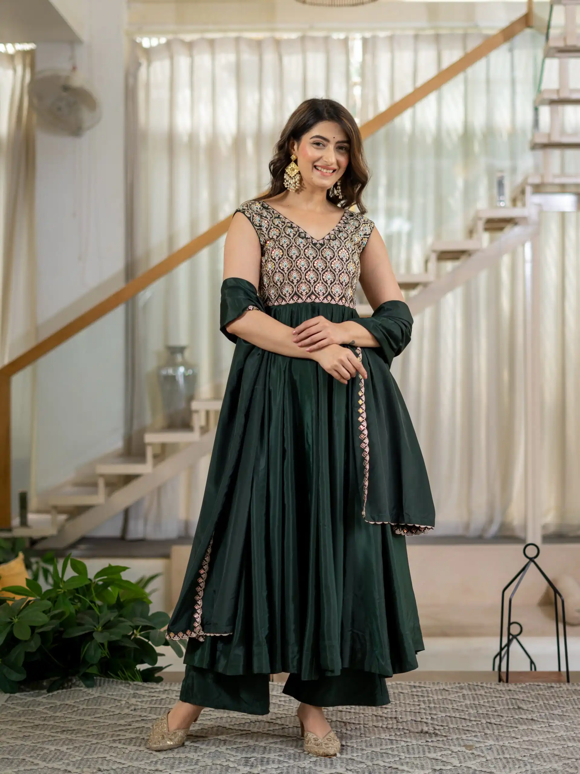 Shiny Teal Neutral Crepe Silk Embroider Work Salwar Suit - Image 6