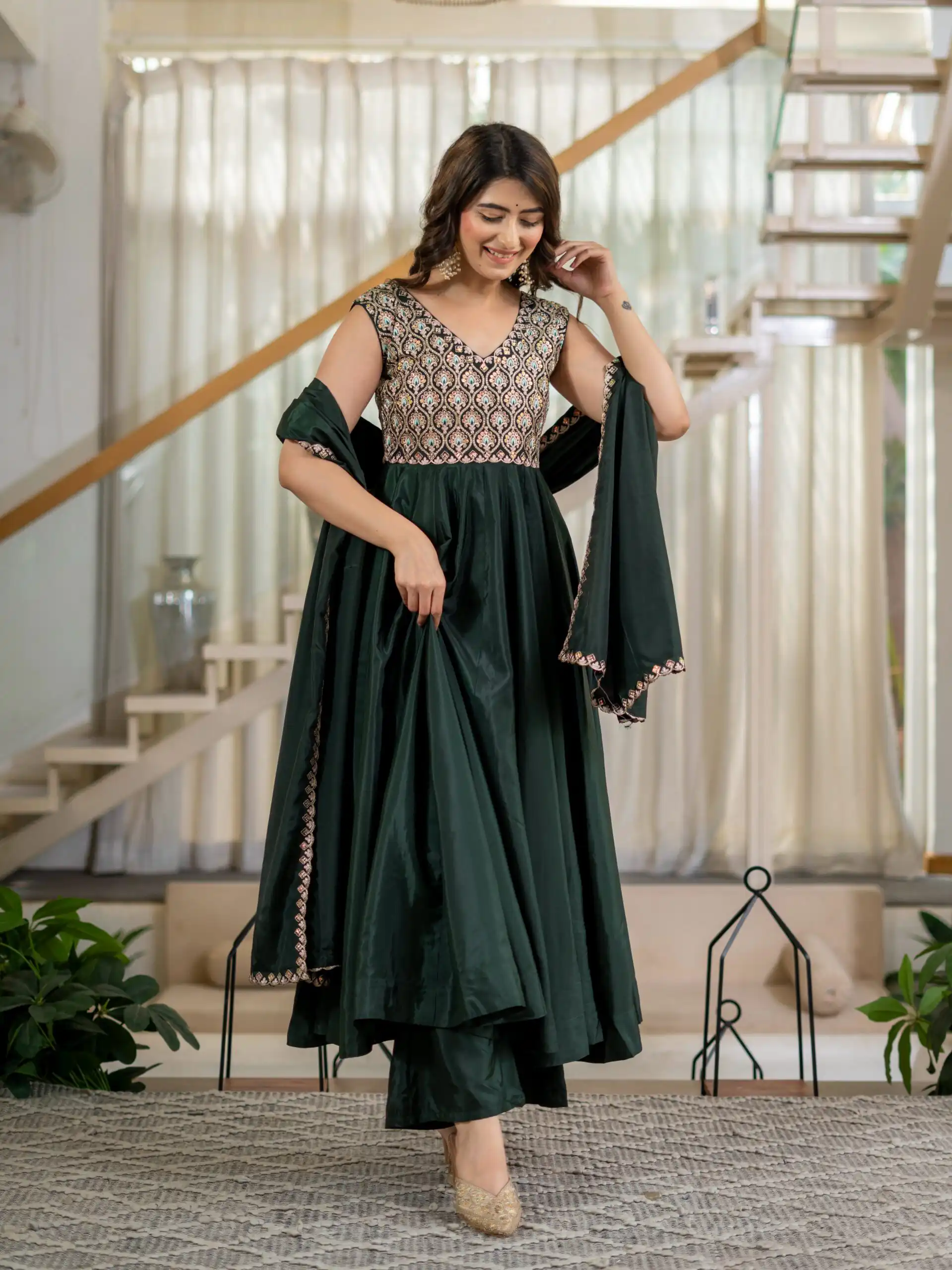 Shiny Teal Neutral Crepe Silk Embroider Work Salwar Suit - Image 5