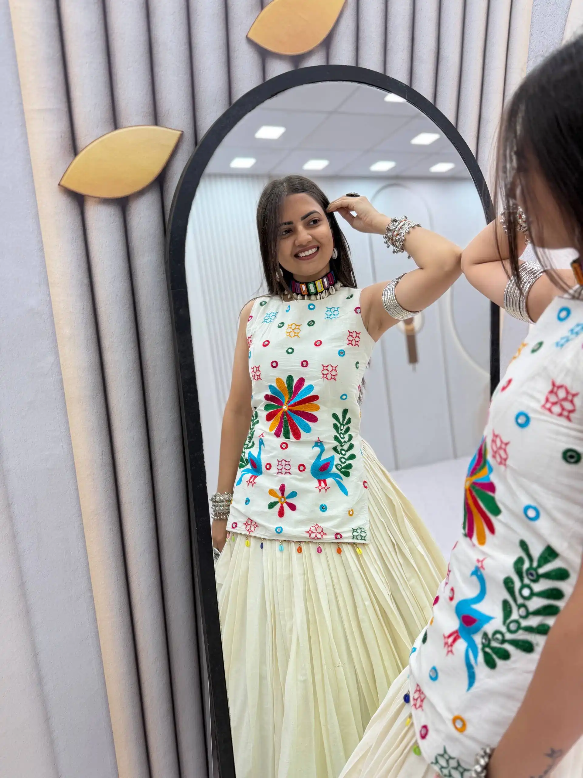 Shiny White Khadi Cotton Thread Mirror Work Lehenga Choli - Image 6