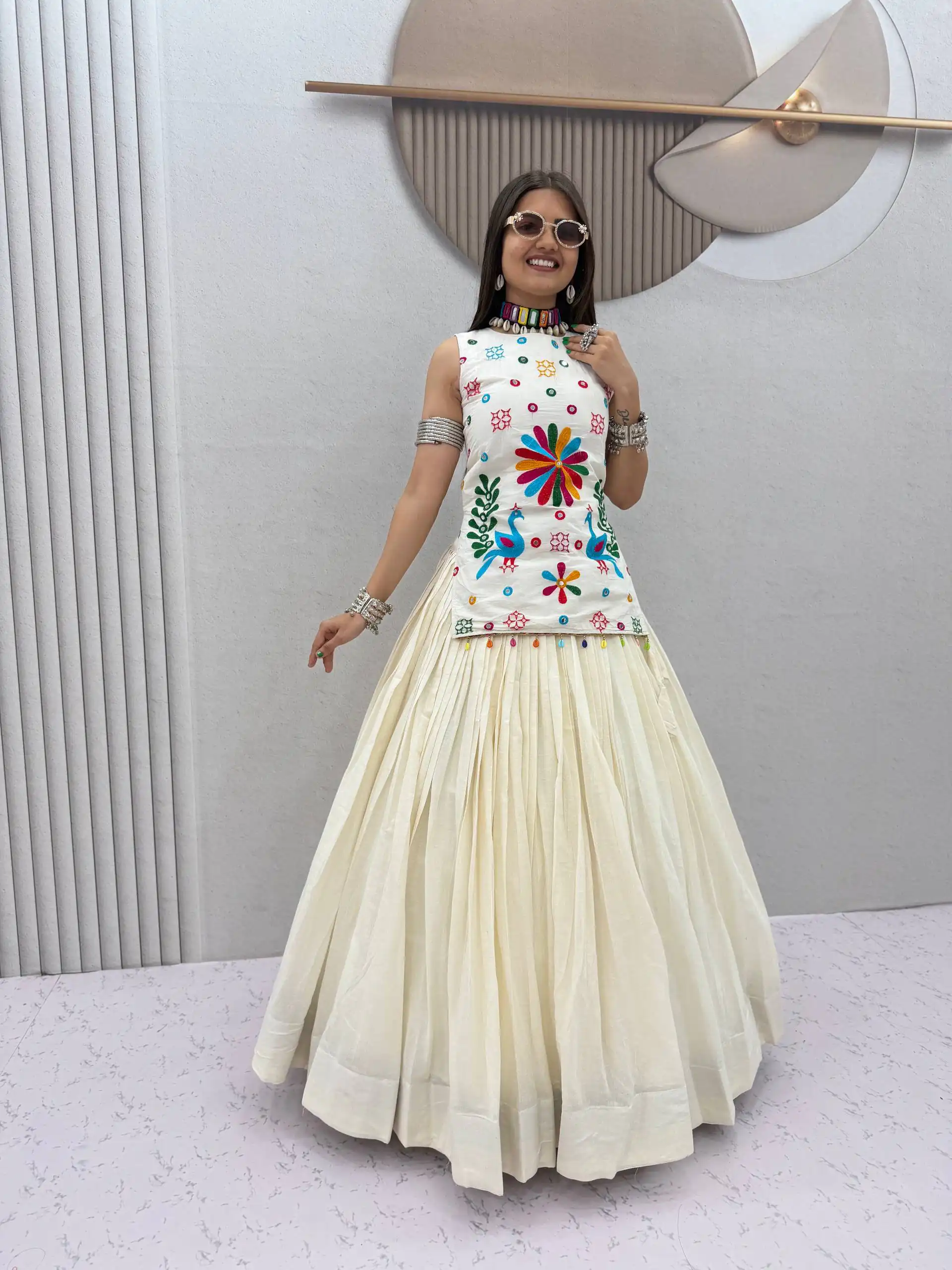 Shiny White Khadi Cotton Thread Mirror Work Lehenga Choli