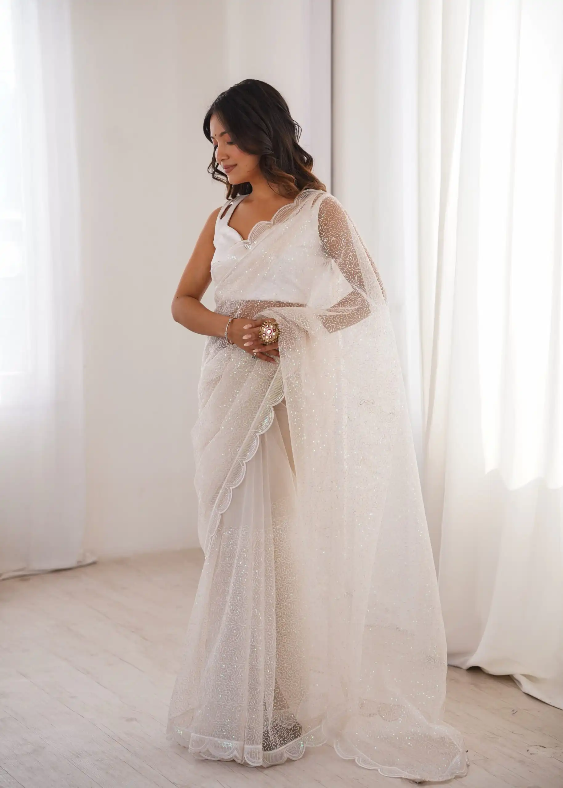 Shiny White Soft Net Sequins Work Saree - Image 5