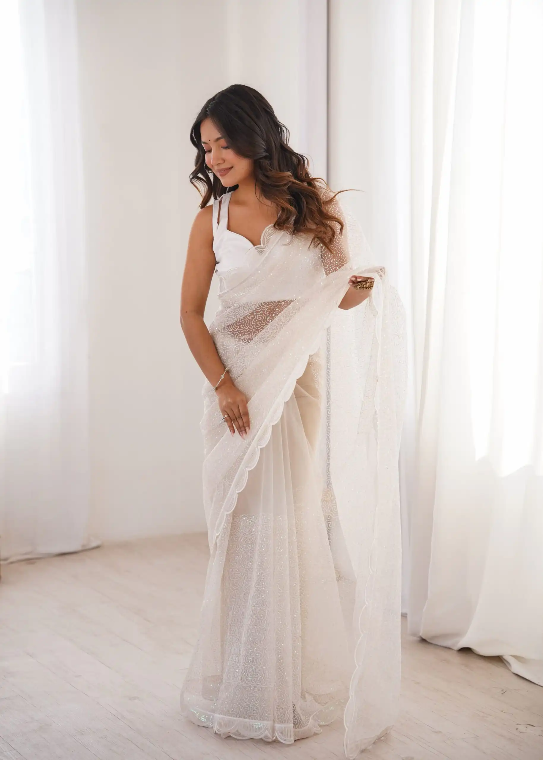 Shiny White Soft Net Sequins Work Saree