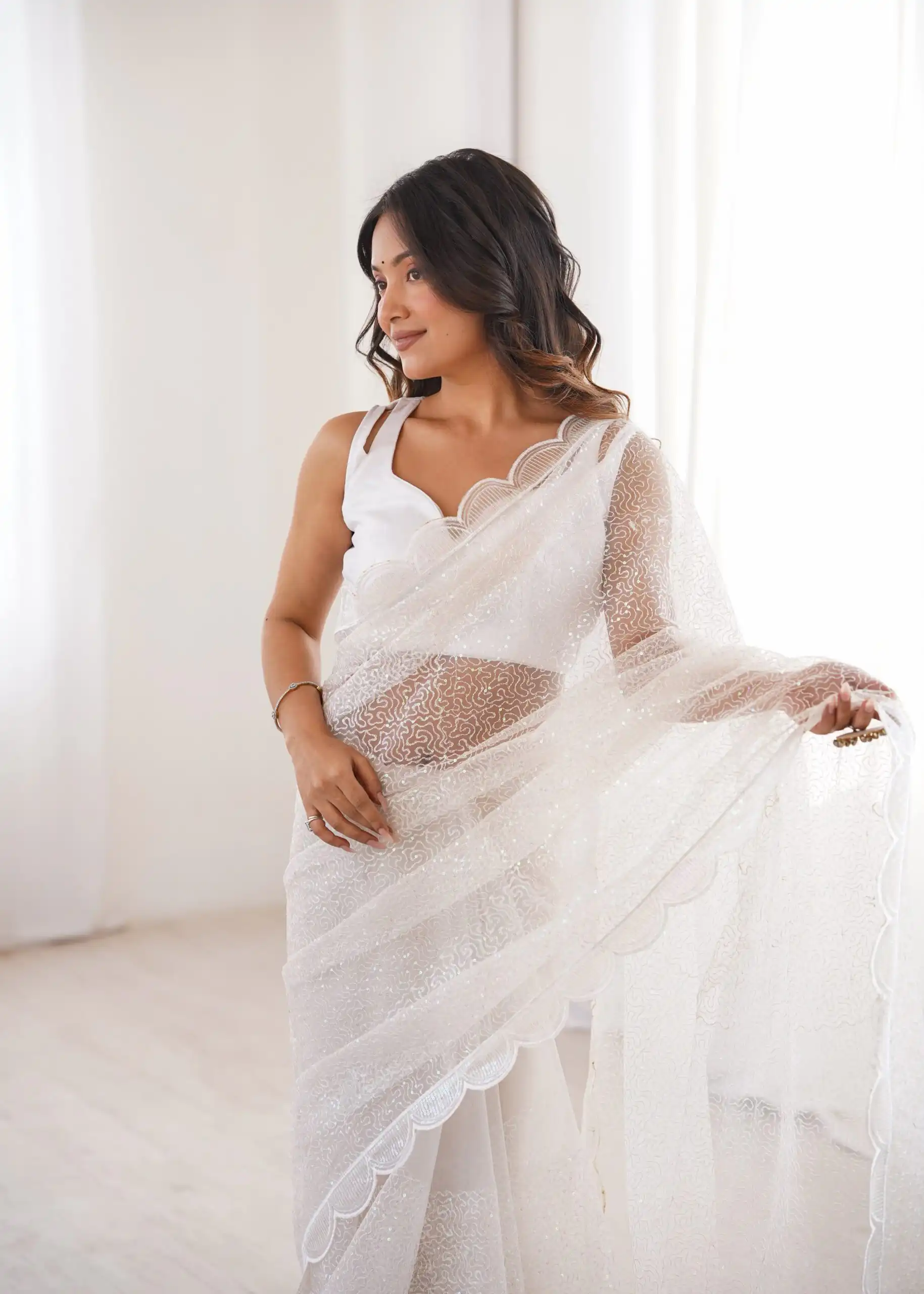 Shiny White Soft Net Sequins Work Saree - Image 9
