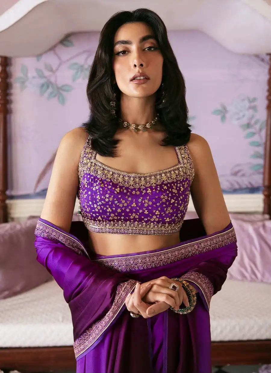 Spacial Purple Japan Satin Silk Sequins Work Saree - Image 5