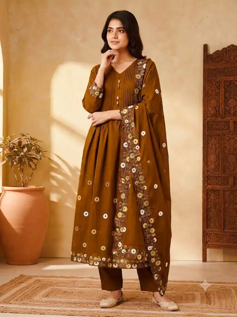Special Brown Mal Chanderi Hand Work Salwar Suit