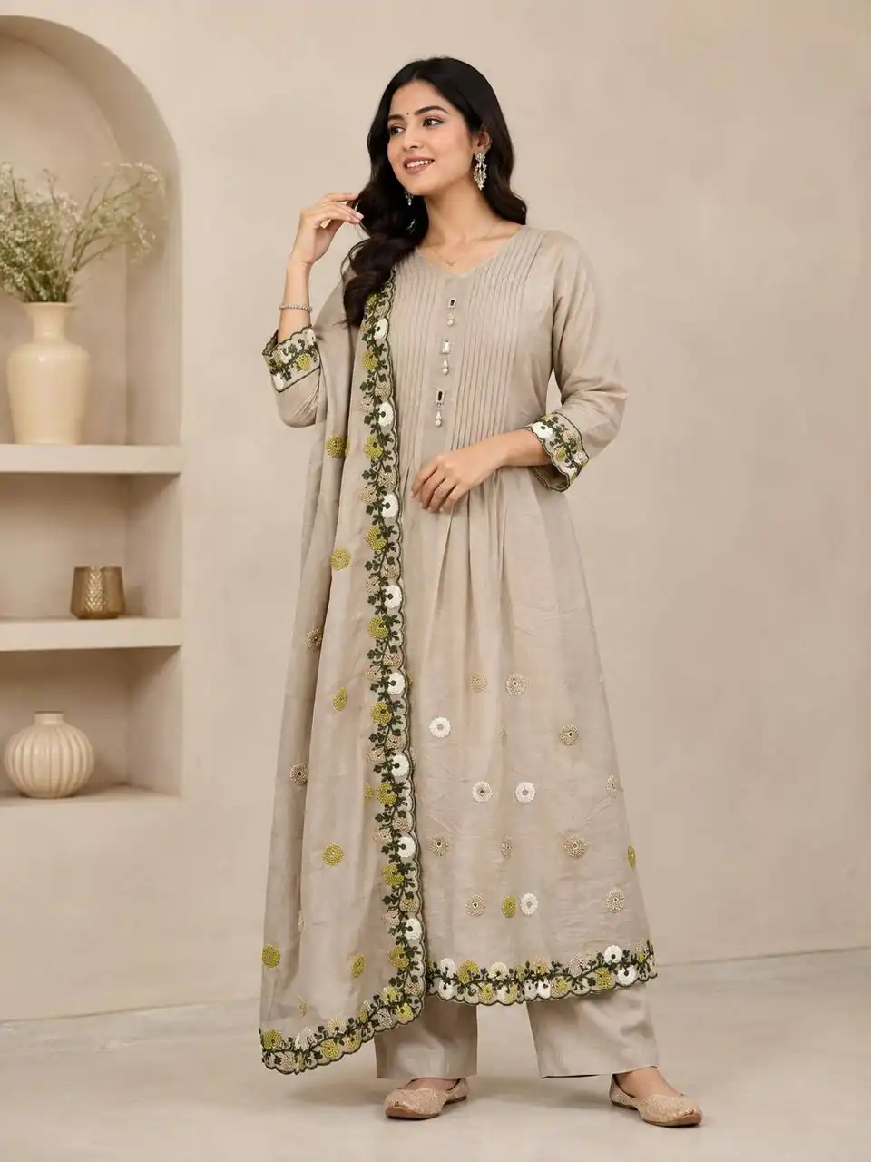 Special Grey Mal Chanderi Hand Work Salwar Suit