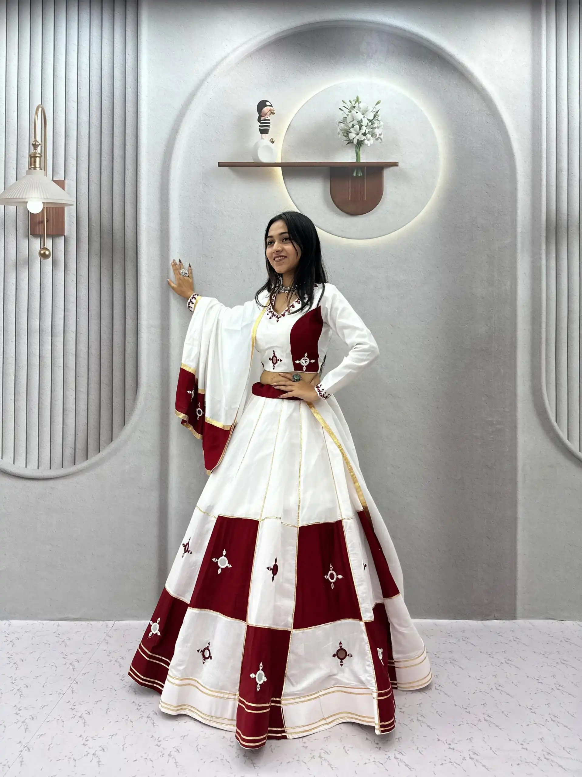 Super Maroon Cotton Hand Mirror Work Lehenga Choli