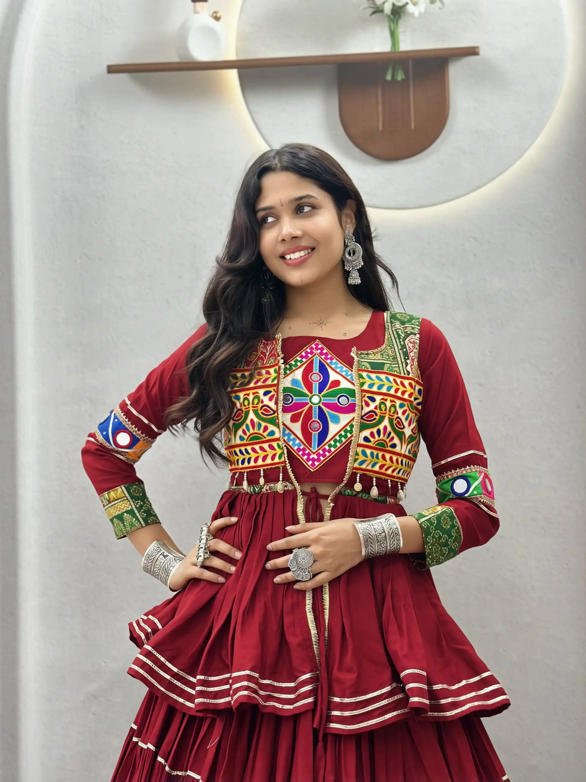Super Maroon Cotton Mirror Gamthi Work Lehenga Choli - Image 4