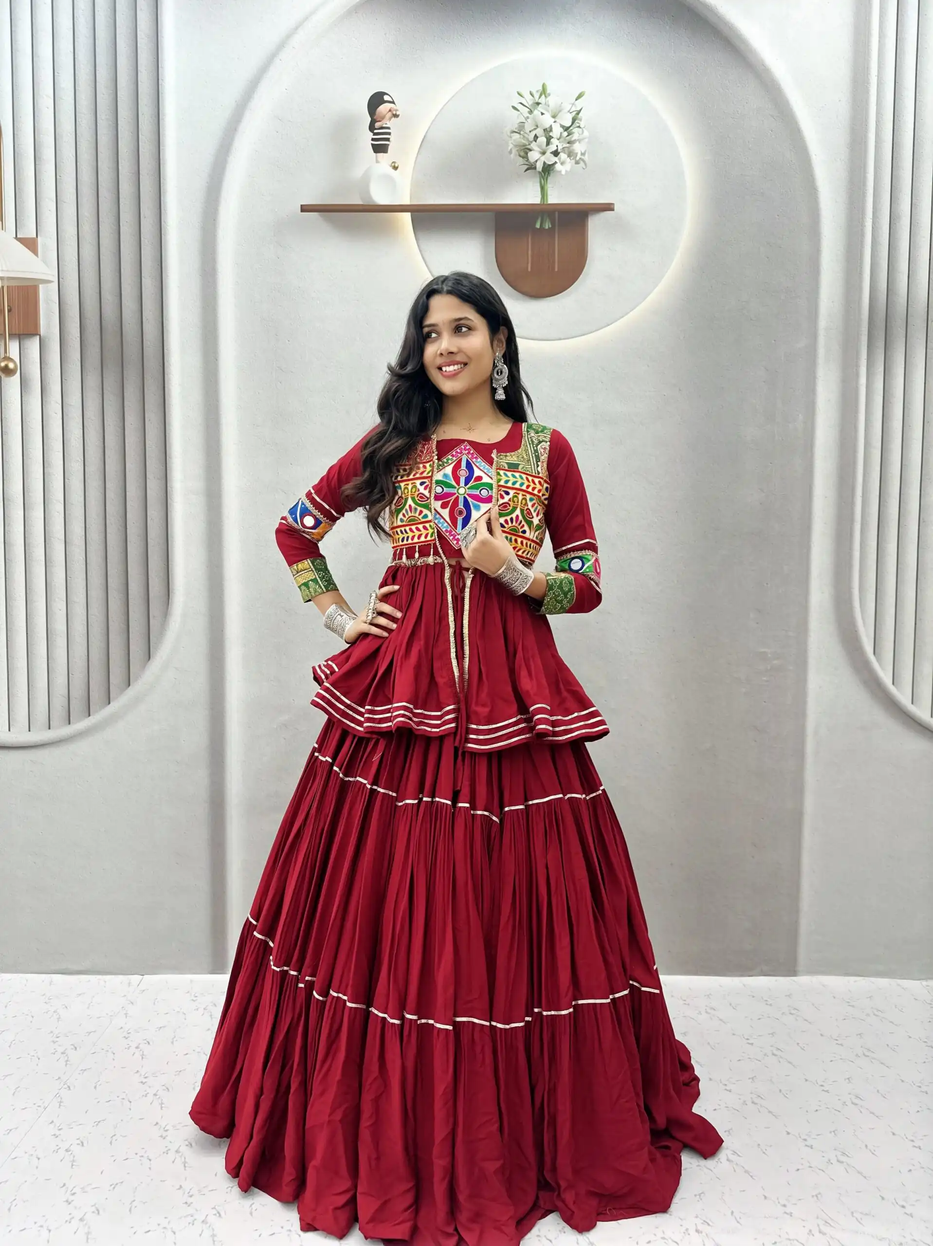 Super Maroon Cotton Mirror Gamthi Work Lehenga Choli
