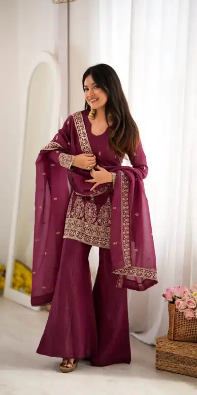 Super Maroon Crunchy Silk Sequence Work Salwar Suit
