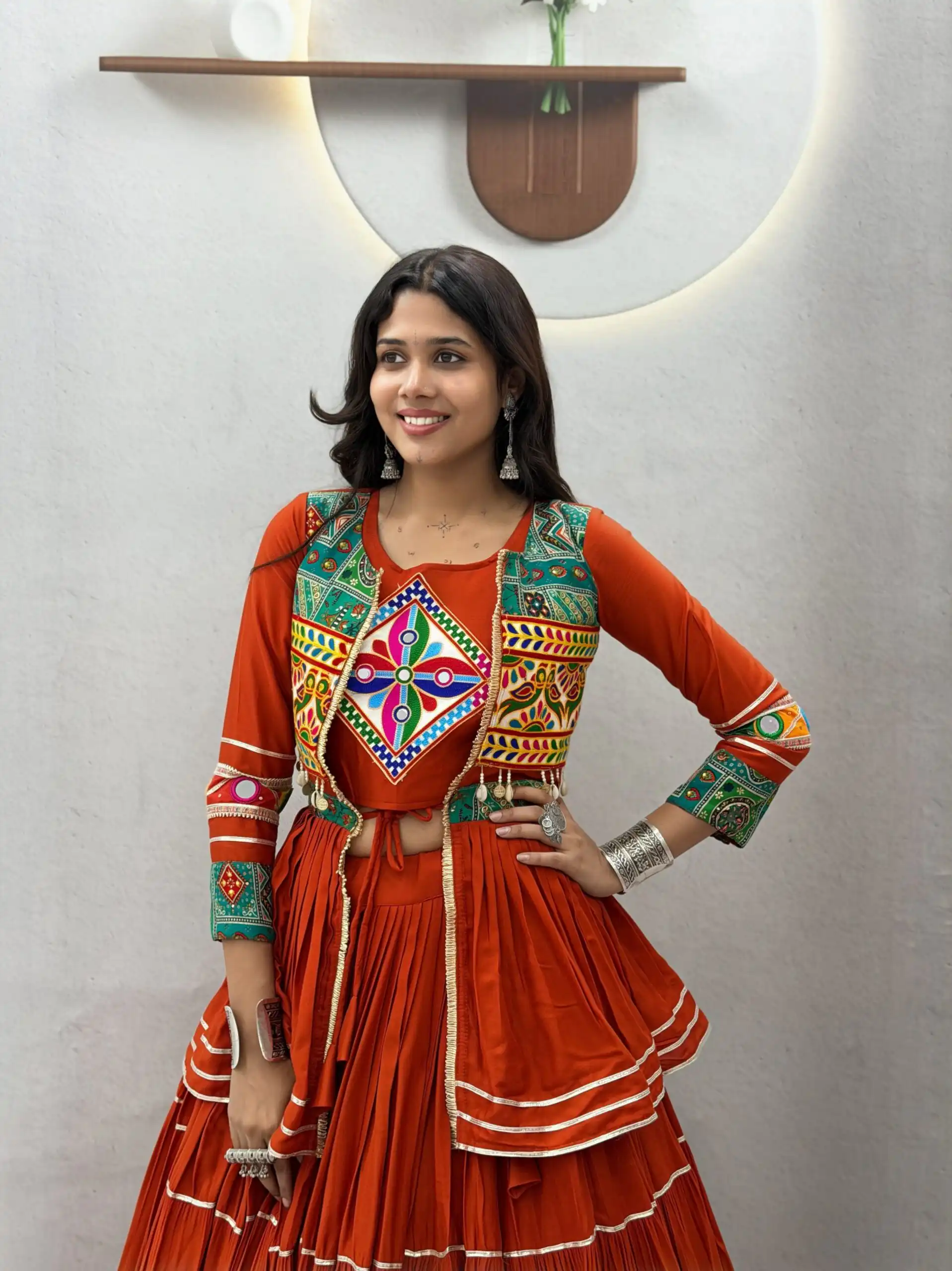 Super Orange Cotton Mirror Gamthi Work Lehenga Choli - Image 5