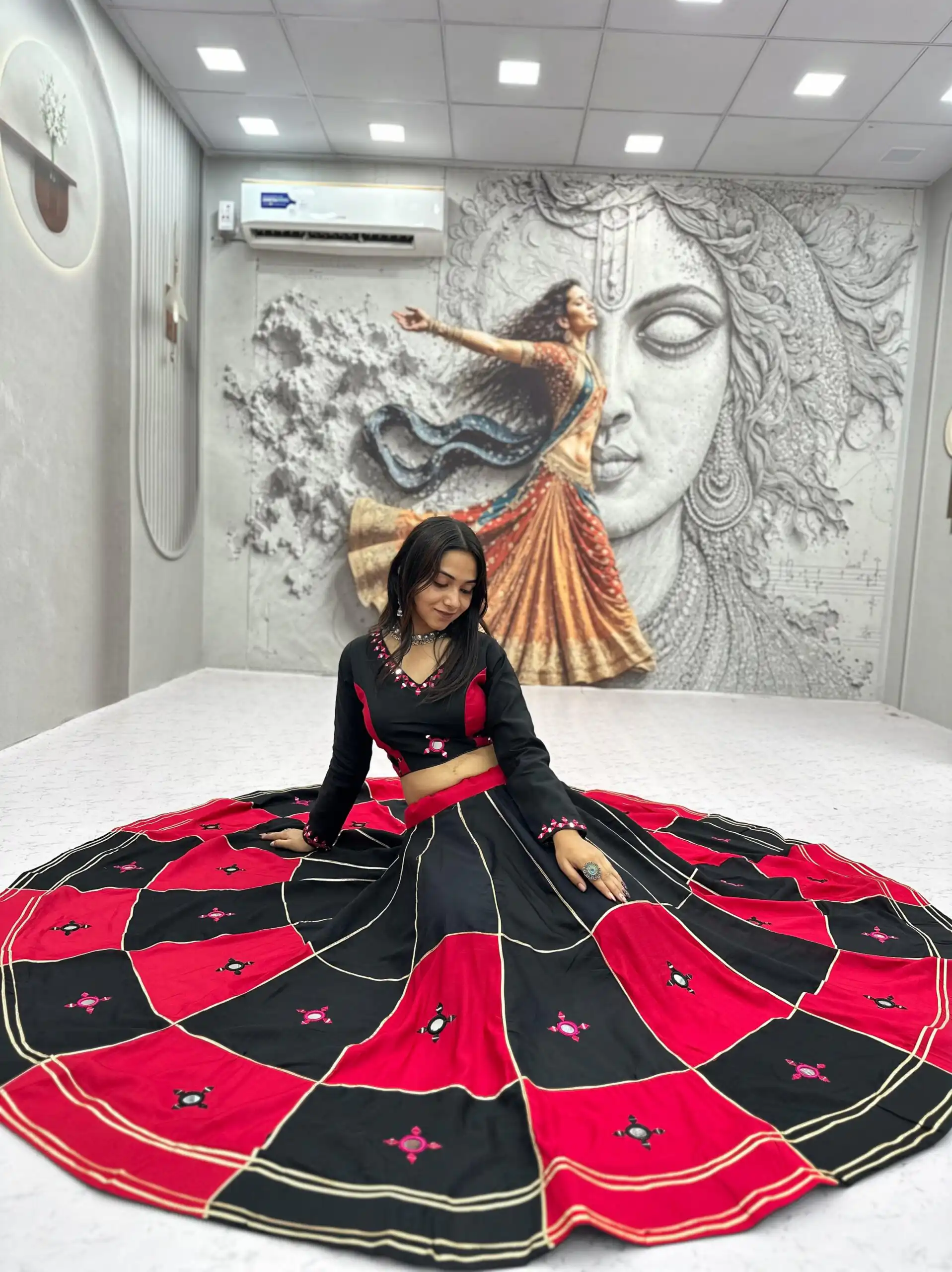 Super Pink Cotton Hand Mirror Work Lehenga Choli - Image 2