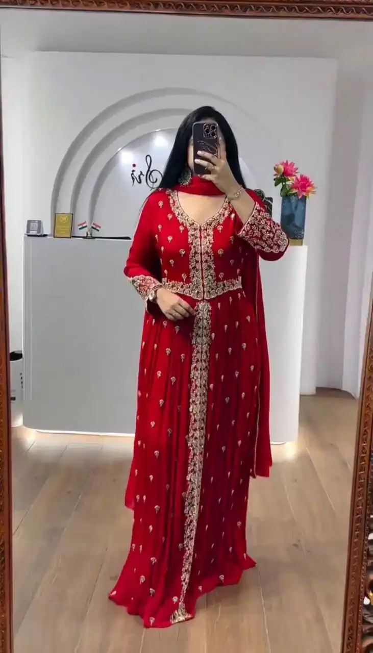Super Red Faux Georgette Sequence Work Gown - Image 2