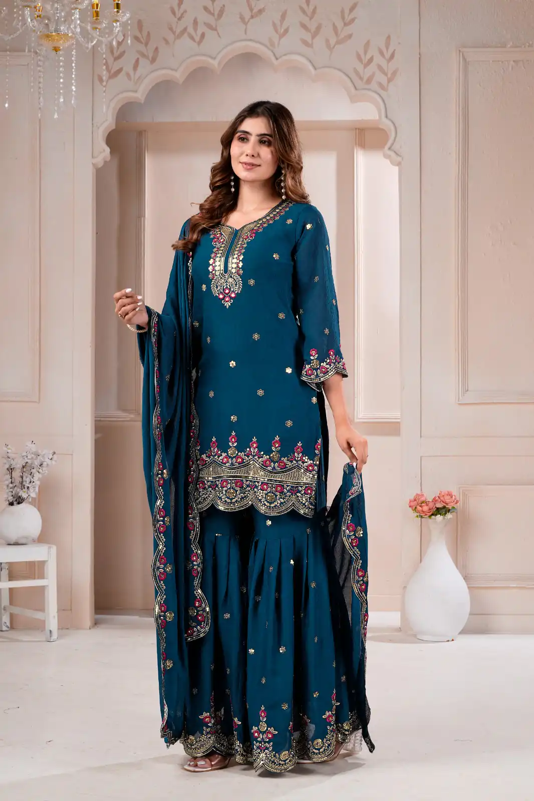 Super Teal Rangoli Crush Embroidery Work Salwar Suit - Image 4