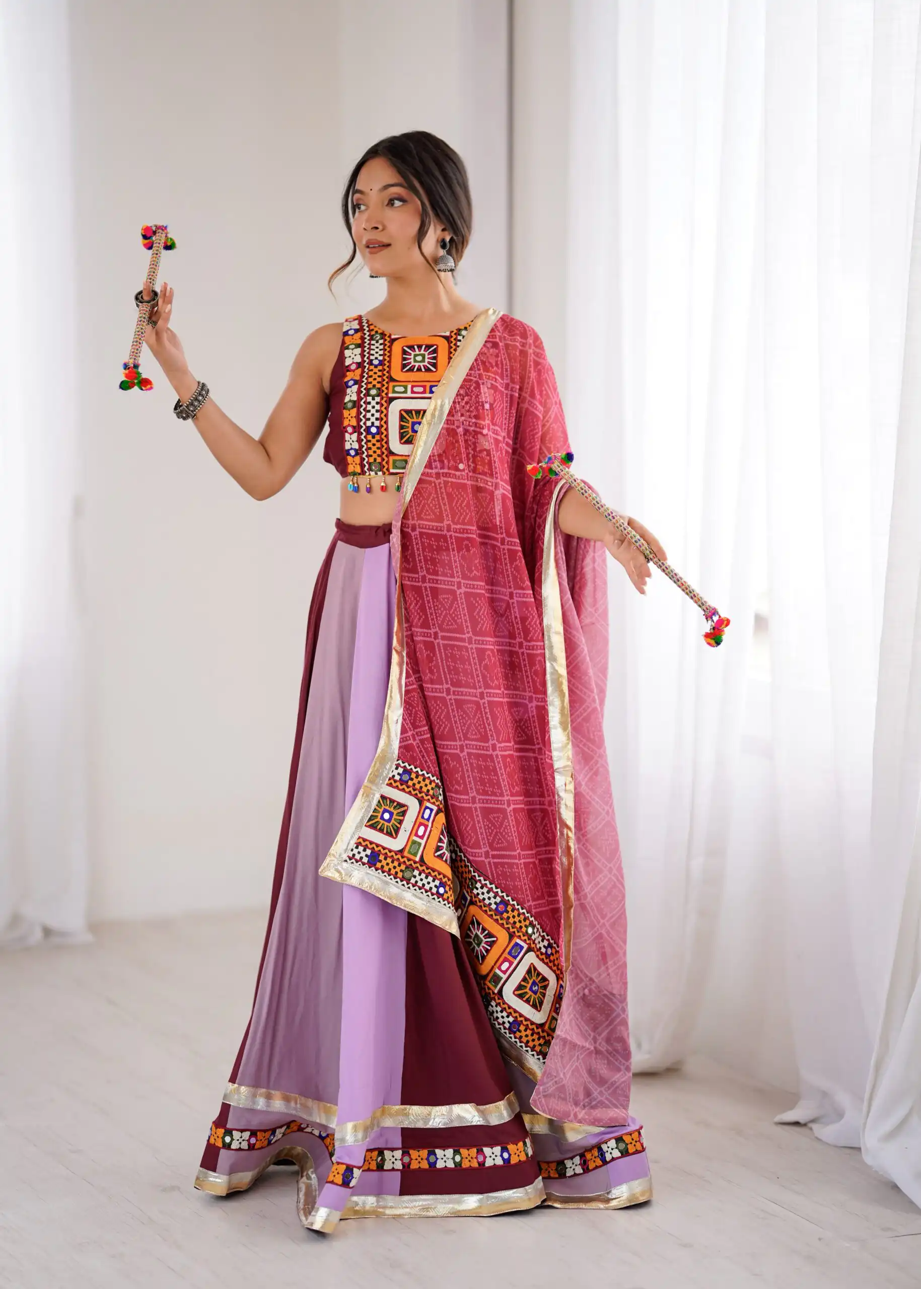 Trendy Maroon Rayon Gamthi Work Lehenga Choli