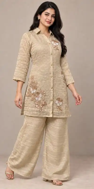 Unique Cream Salsa Butti Beads Work Kurti