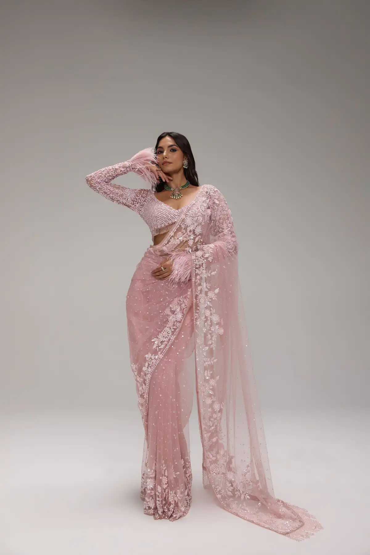 Unique Light Pink Butterfly Net Sequins Saree - Image 2