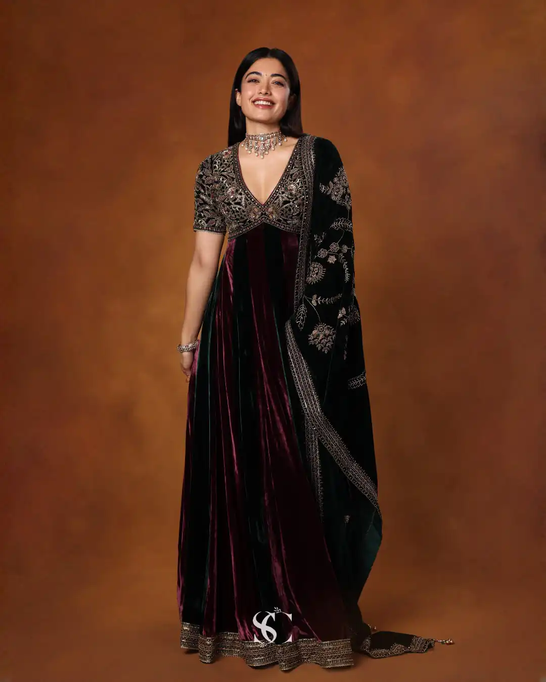 Unique Maroon 9000 Velvet Sequence Work Gown