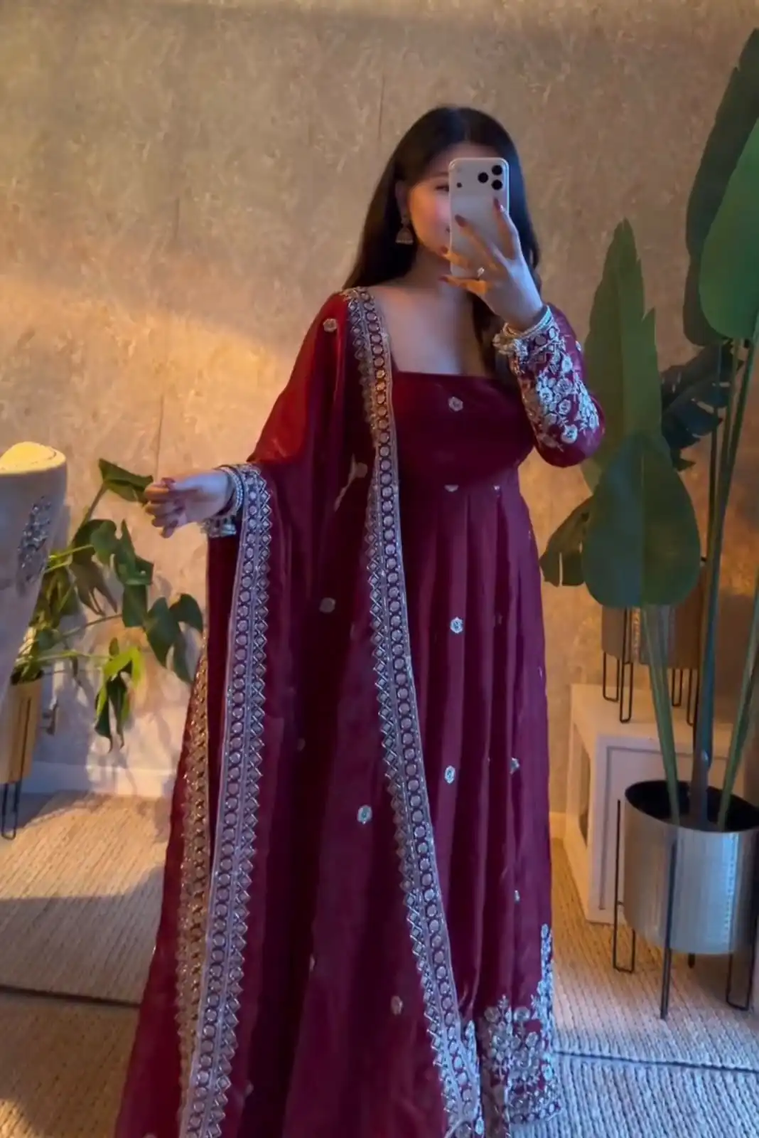 Unique Wine Fendy Silk Embroidery Work Gown