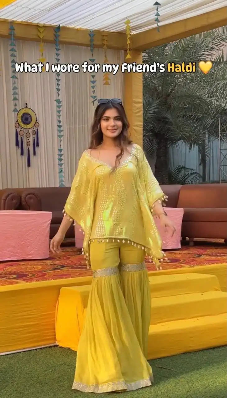 Unique Yellow Faux Georgette Sequins Work Kaftan Salwar Suit