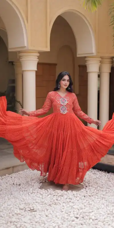 KA 1275 Orange in Colour Faux Georgette Bandhani Print Work Gown. Available at ₹1669 only. Delivery 4-6 Working Days. Shop now. | Gowns, Bollywood Gowns, Creative Gowns, Designer Gowns, Embroidered Gowns, Party Wear Gowns
