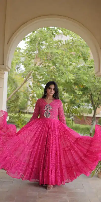 KA 1275 Pink in Colour Faux Georgette Bandhani Print Work Gown. Available at ₹1669 only. Delivery 4-6 Working Days. Shop now. | Gowns, Bollywood Gowns, Creative Gowns, Designer Gowns, Embroidered Gowns, Party Wear Gowns