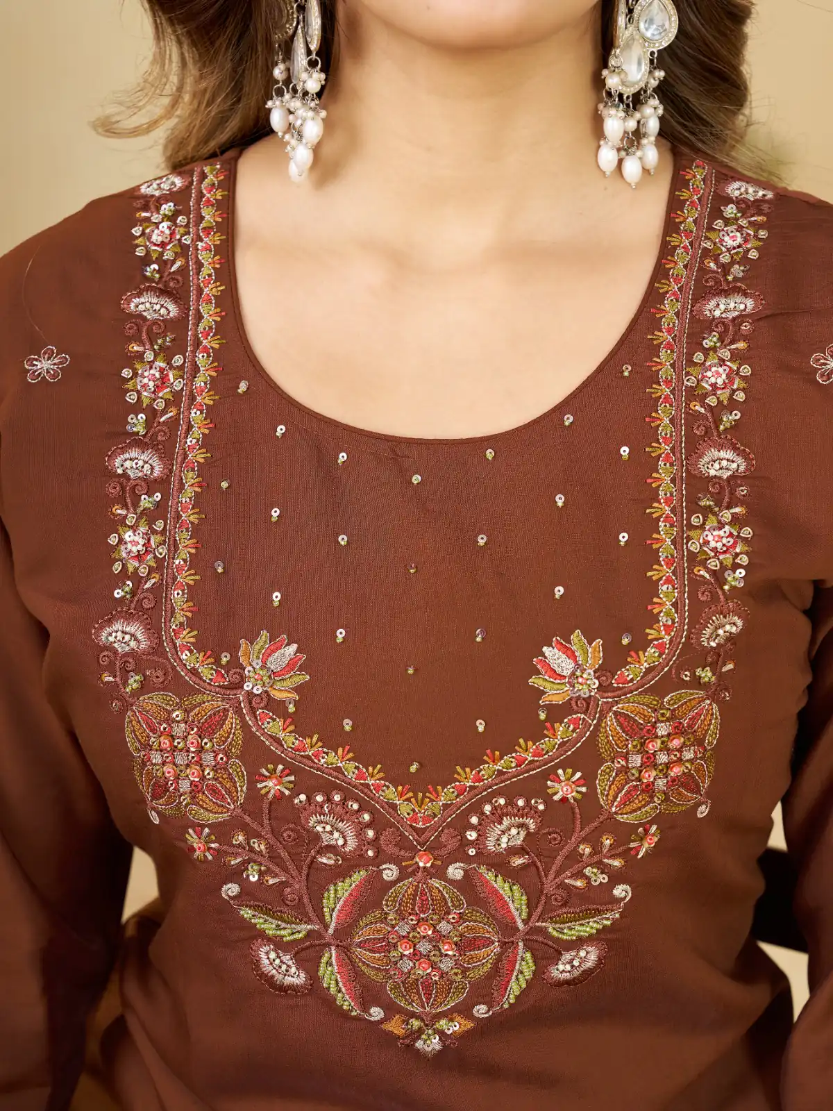 DIVA 194 Brown Thread Embroidery & Embroidery Work Salwar Suit in Brown Marina Silk. Now at just ₹2799. Delivery 4-6 Working Days. Shop now. | Jump Suits, Salwar suit, Casual Suits, Creative suits, Designer Suits, Palazzo Suits, Party Wear Suits, Patiala Suits, Straight Suits