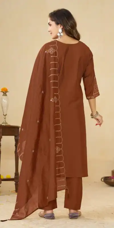DIVA 194 Brown Thread Embroidery & Embroidery Work Salwar Suit in Brown Marina Silk. Now at just ₹2799. Delivery 4-6 Working Days. Shop now. | Jump Suits, Salwar suit, Casual Suits, Creative suits, Designer Suits, Palazzo Suits, Party Wear Suits, Patiala Suits, Straight Suits