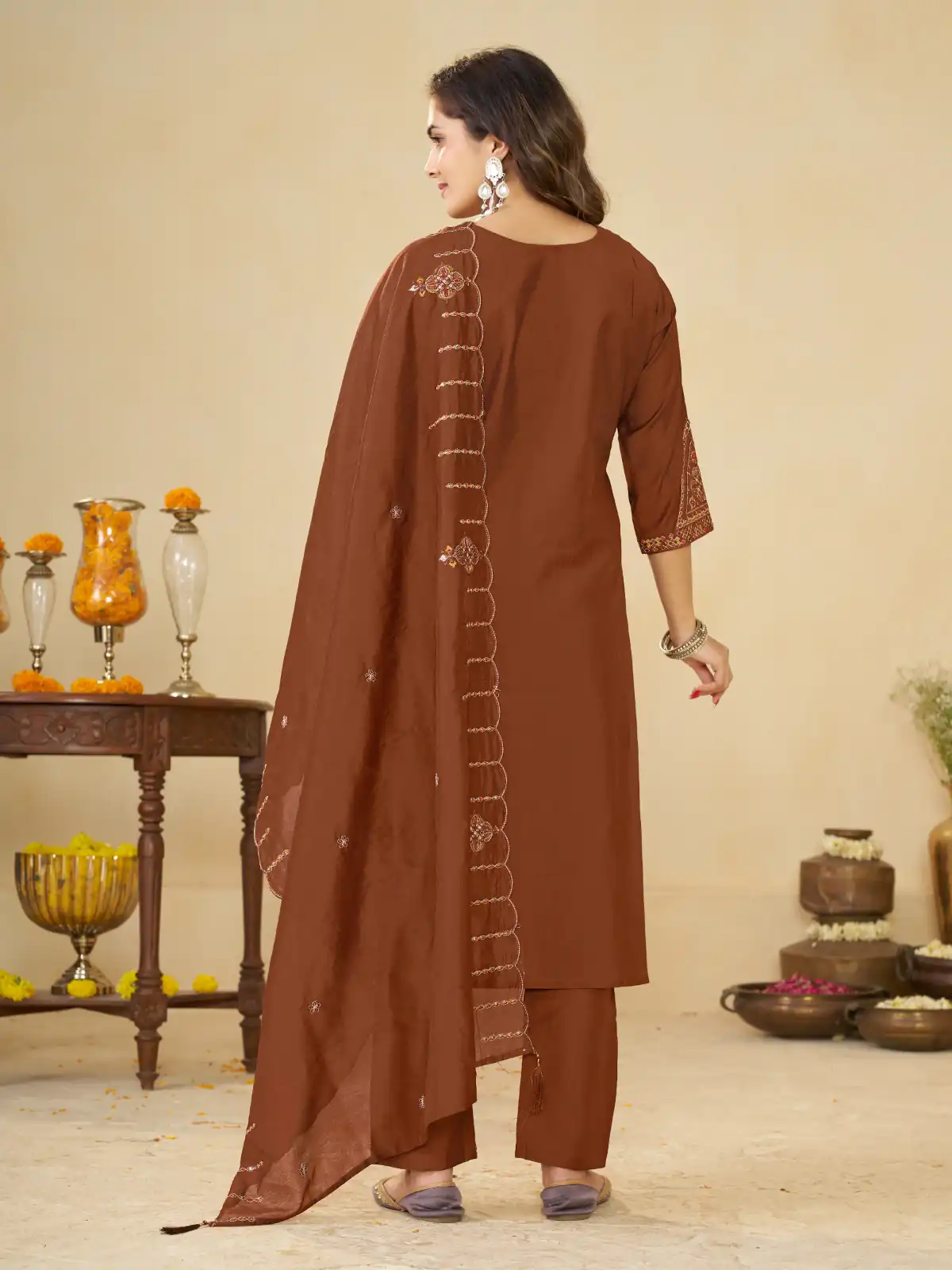DIVA 194 Brown Thread Embroidery & Embroidery Work Salwar Suit in Brown Marina Silk. Now at just ₹2799. Delivery 4-6 Working Days. Shop now. | Jump Suits, Salwar suit, Casual Suits, Creative suits, Designer Suits, Palazzo Suits, Party Wear Suits, Patiala Suits, Straight Suits
