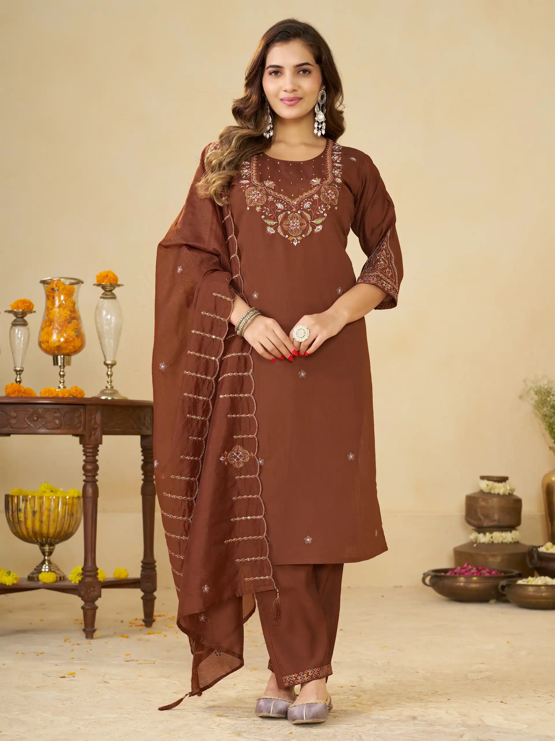 DIVA 194 Brown Thread Embroidery & Embroidery Work Salwar Suit in Brown Marina Silk. Now at just ₹2799. Delivery 4-6 Working Days. Shop now. | Jump Suits, Salwar suit, Casual Suits, Creative suits, Designer Suits, Palazzo Suits, Party Wear Suits, Patiala Suits, Straight Suits