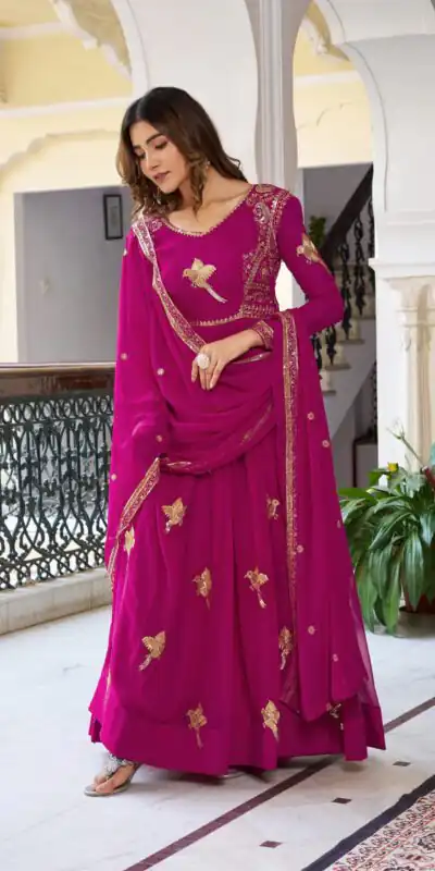 SP 30 Pink Faux Georgette Gown with Mirror Work & Embroidery Work. Get it for ₹1799. Delivery 4-6 Working Days. Online Shop now. | Gowns, Bollywood Gowns, Creative Gowns, Designer Gowns, Embroidered Gowns, Party Wear Gowns