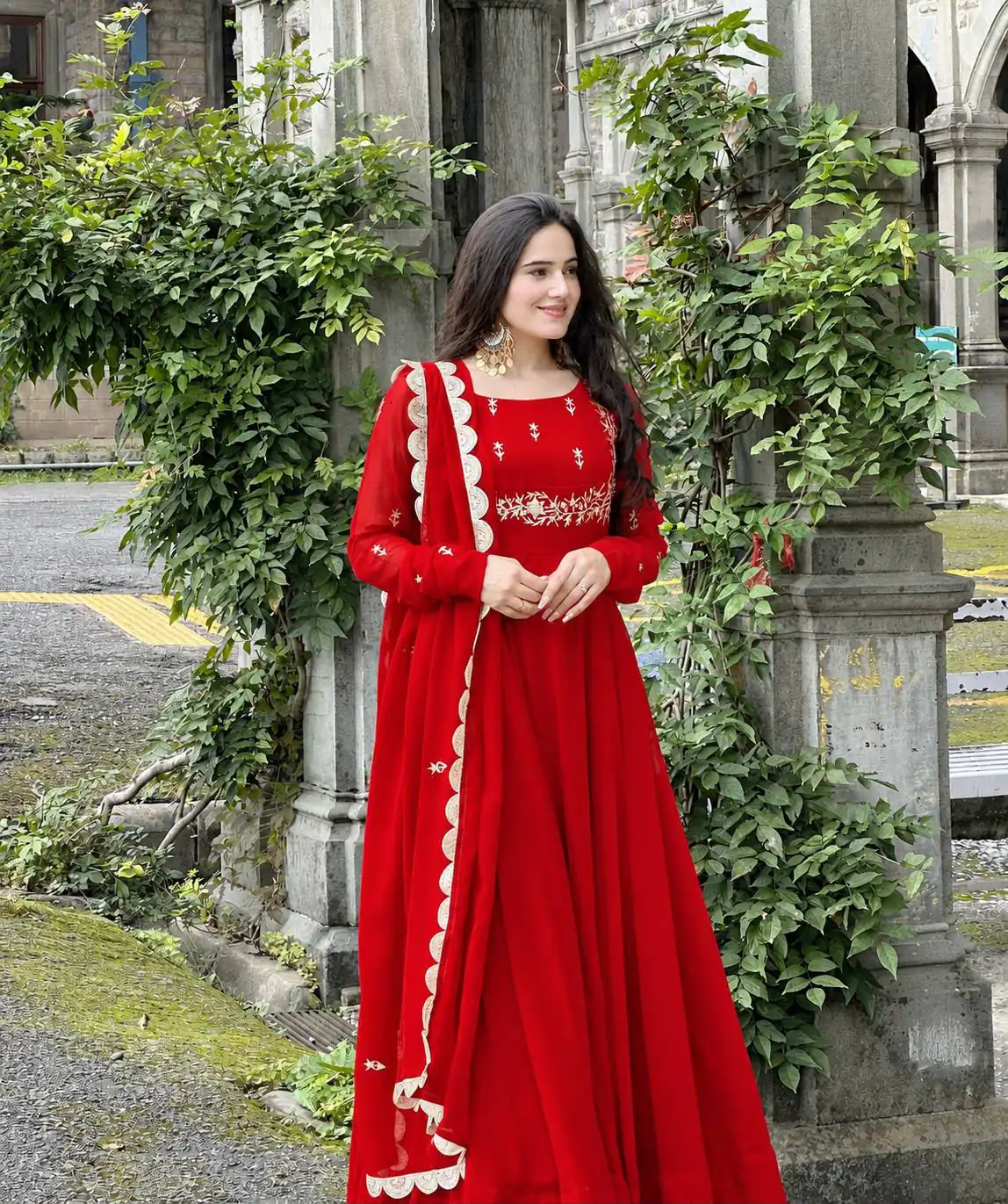 ZB 5078 Red Faux Georgette Gown with Mirror Work & Embroidery Work. Get it for ₹2199. Delivery 4-6 Working Days. Online Shop now. | Gowns, Bollywood Gowns, Creative Gowns, Designer Gowns, Embroidered Gowns, Party Wear Gowns