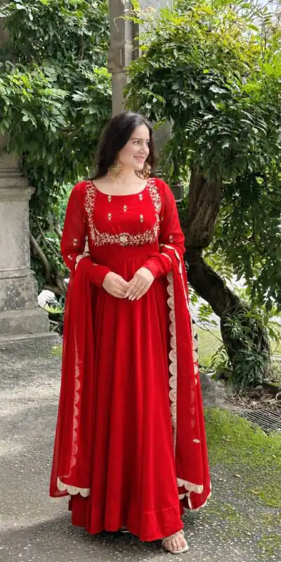 ZB 5078 Red Faux Georgette Gown with Mirror Work & Embroidery Work. Get it for ₹2199. Delivery 4-6 Working Days. Online Shop now. | Gowns, Bollywood Gowns, Creative Gowns, Designer Gowns, Embroidered Gowns, Party Wear Gowns